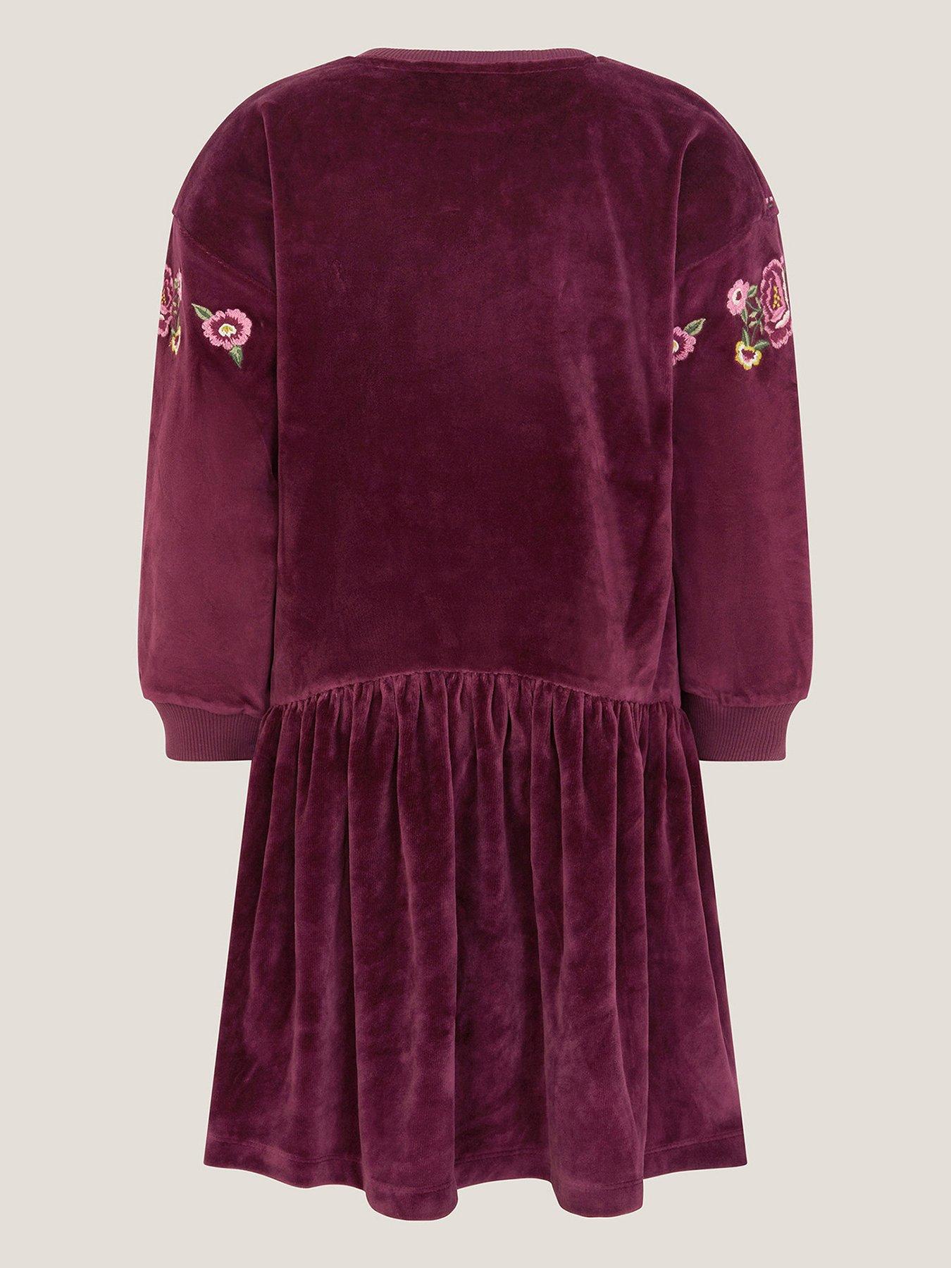 Image 3 of 3 of Monsoon Girls Butterfly Velour Embellished Dress - Dark Red
