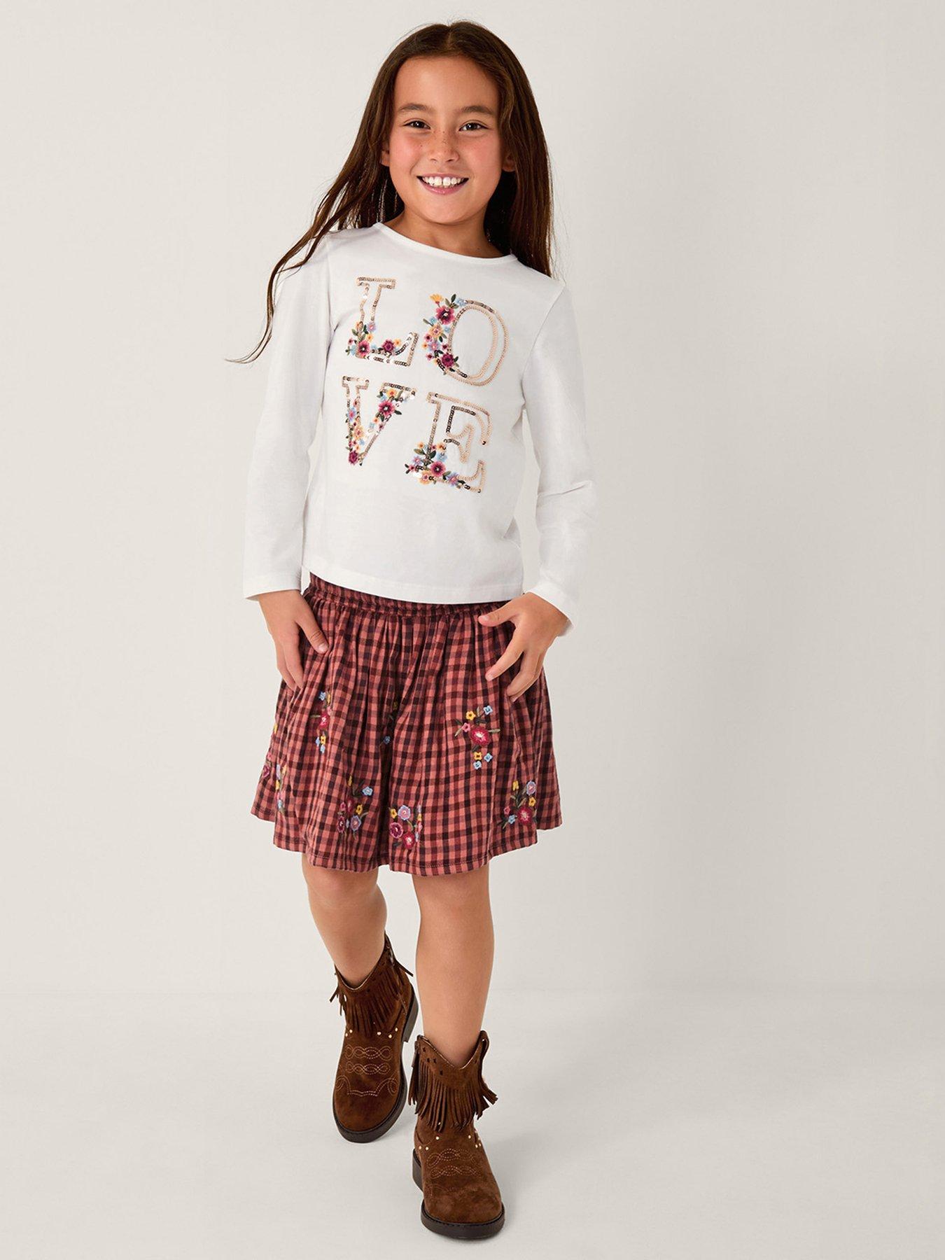 undefined Girls Love Rust Check Skirt Set - Light Cream