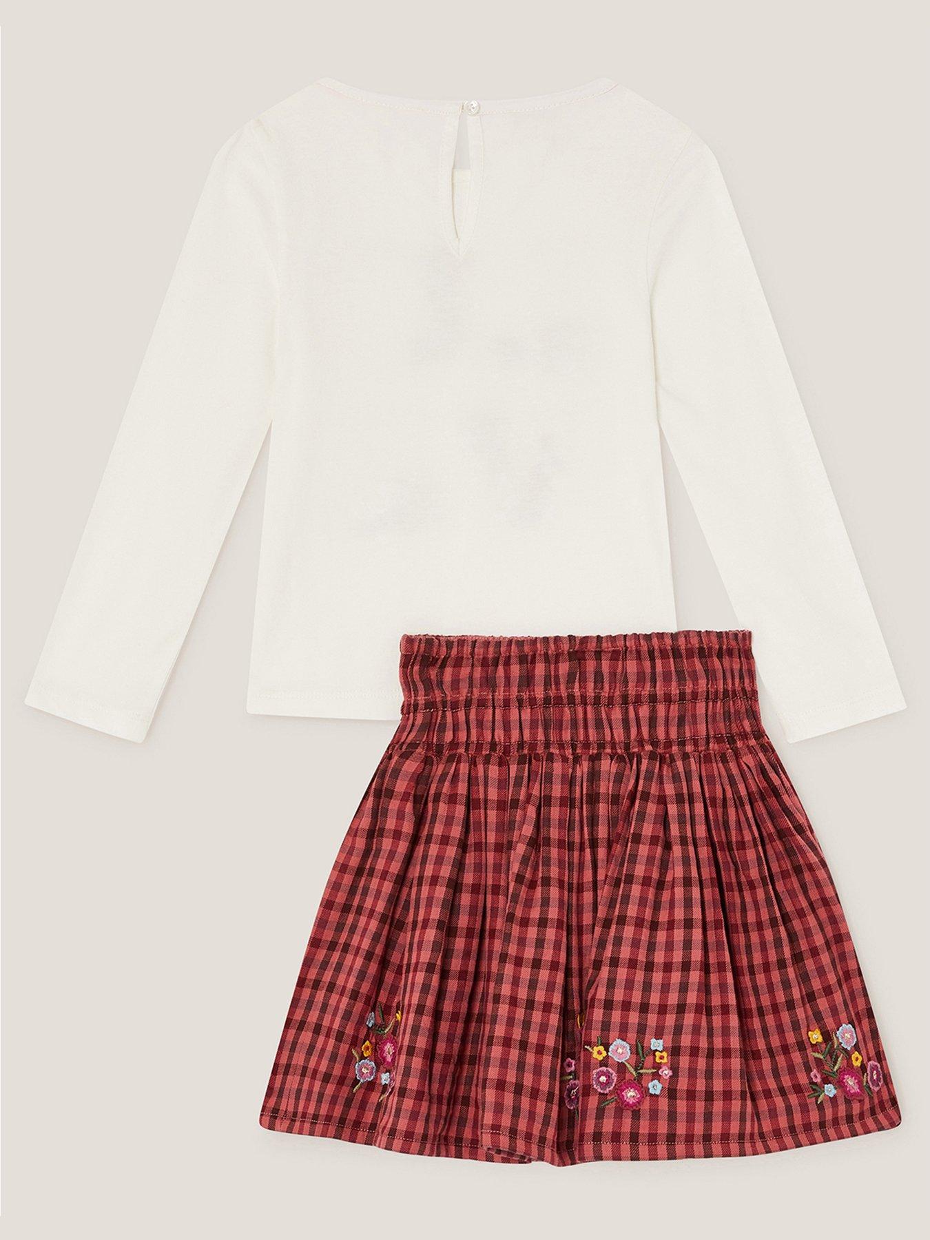 Image 2 of 3 of Monsoon Girls Love Rust Check Skirt Set - Light Cream