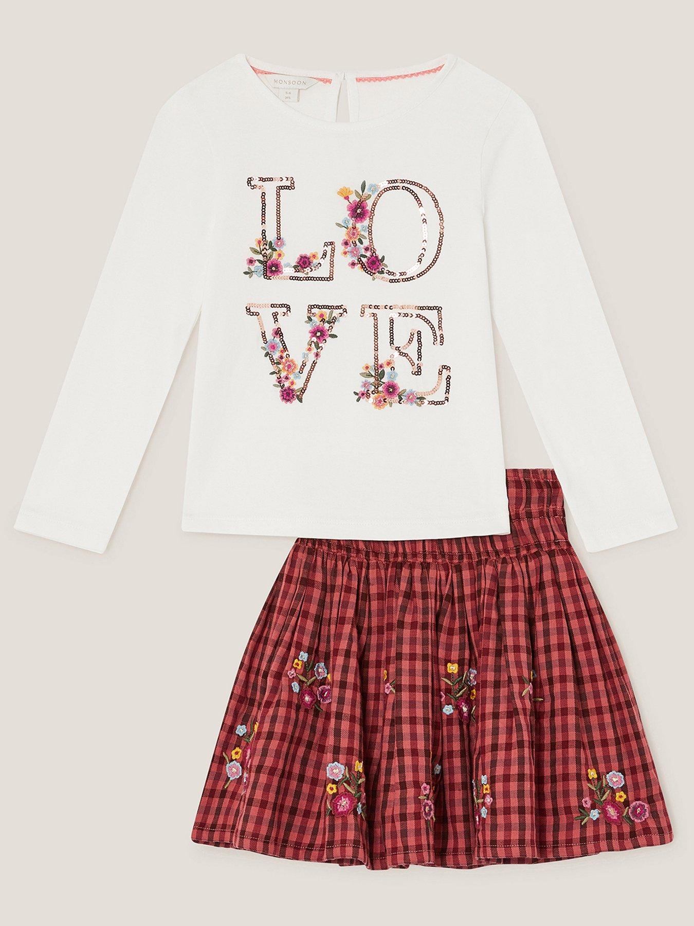 Image 3 of 3 of Monsoon Girls Love Rust Check Skirt Set - Light Cream