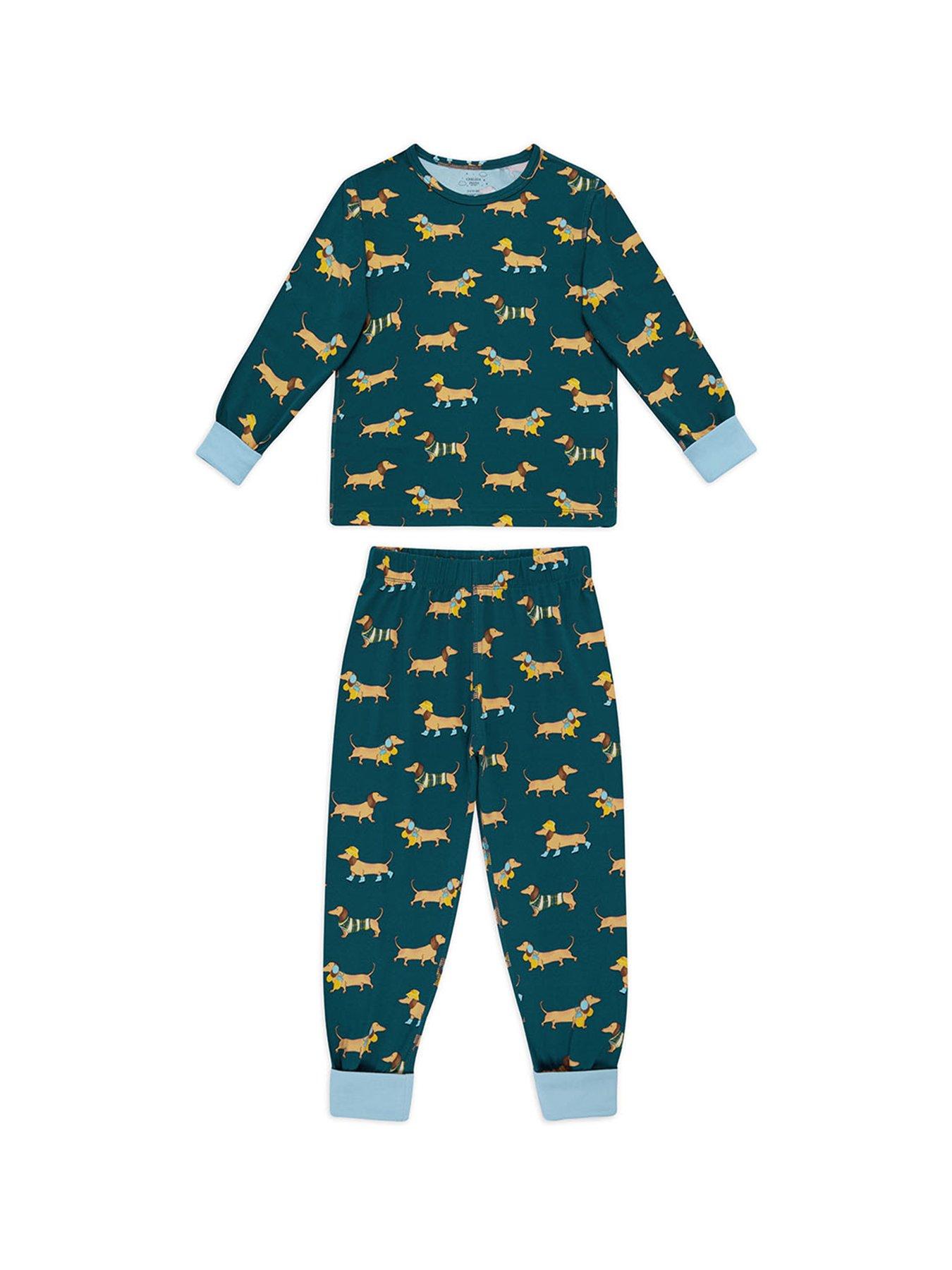  image of chelsea-peers-unisex-kids-sausage-dog-print-pyjamas-green