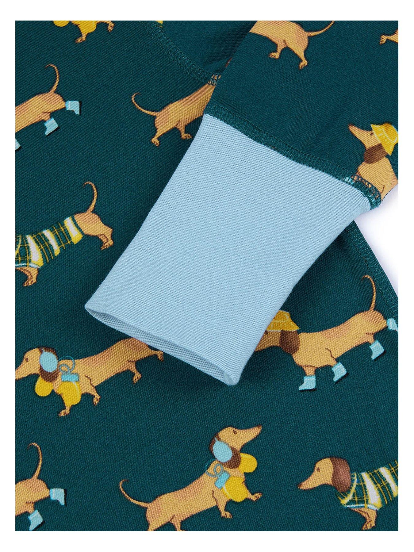  image of chelsea-peers-unisex-kids-sausage-dog-print-pyjamas-green
