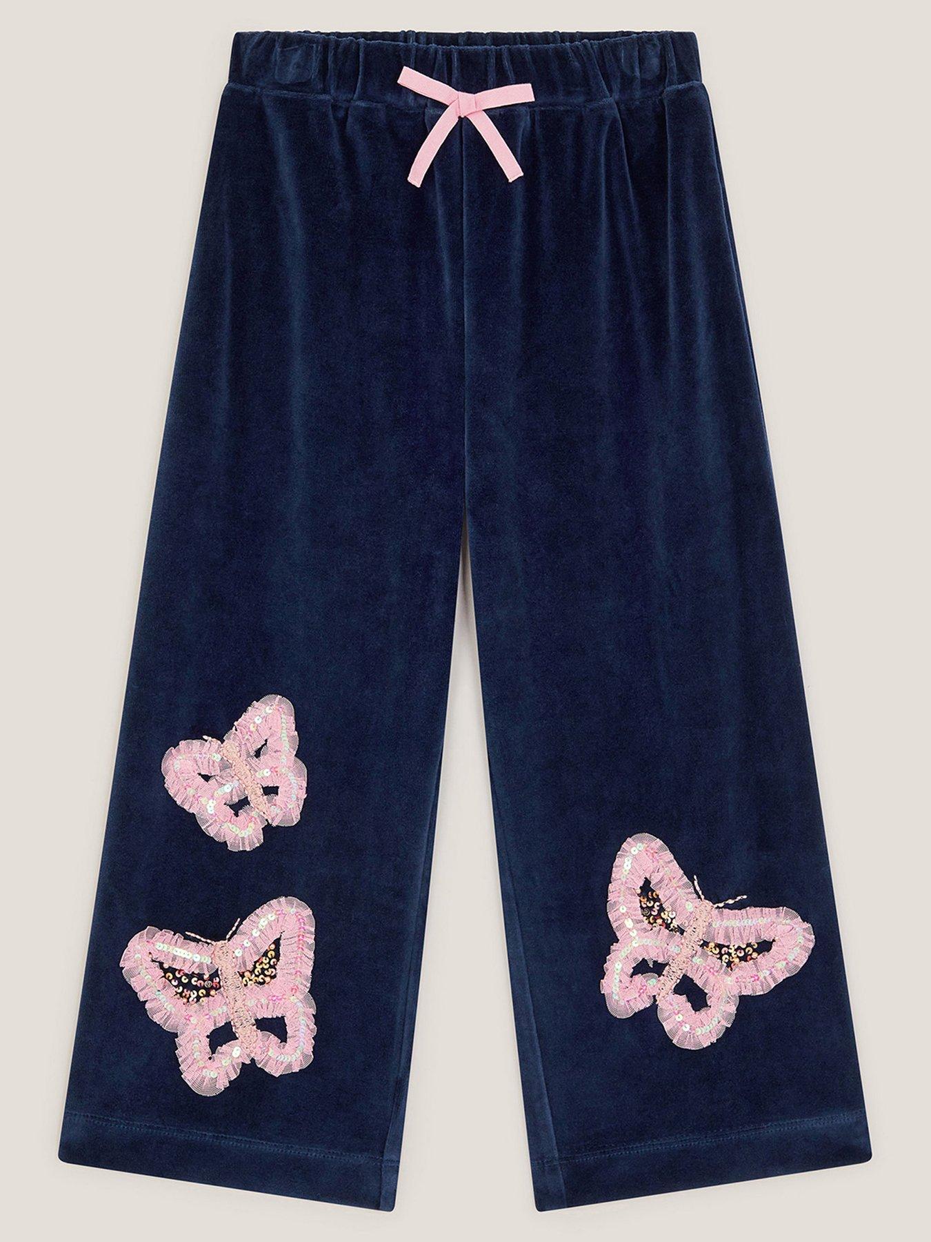 Image 1 of 3 of Monsoon Girls Butterfly Embroidered Wide Leg Co-Ord Bottoms - Navy