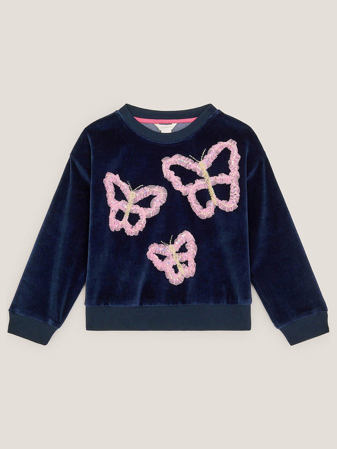 undefined Girls Butterfly Embroidered Velour Co-ord Sweat Top - Navy