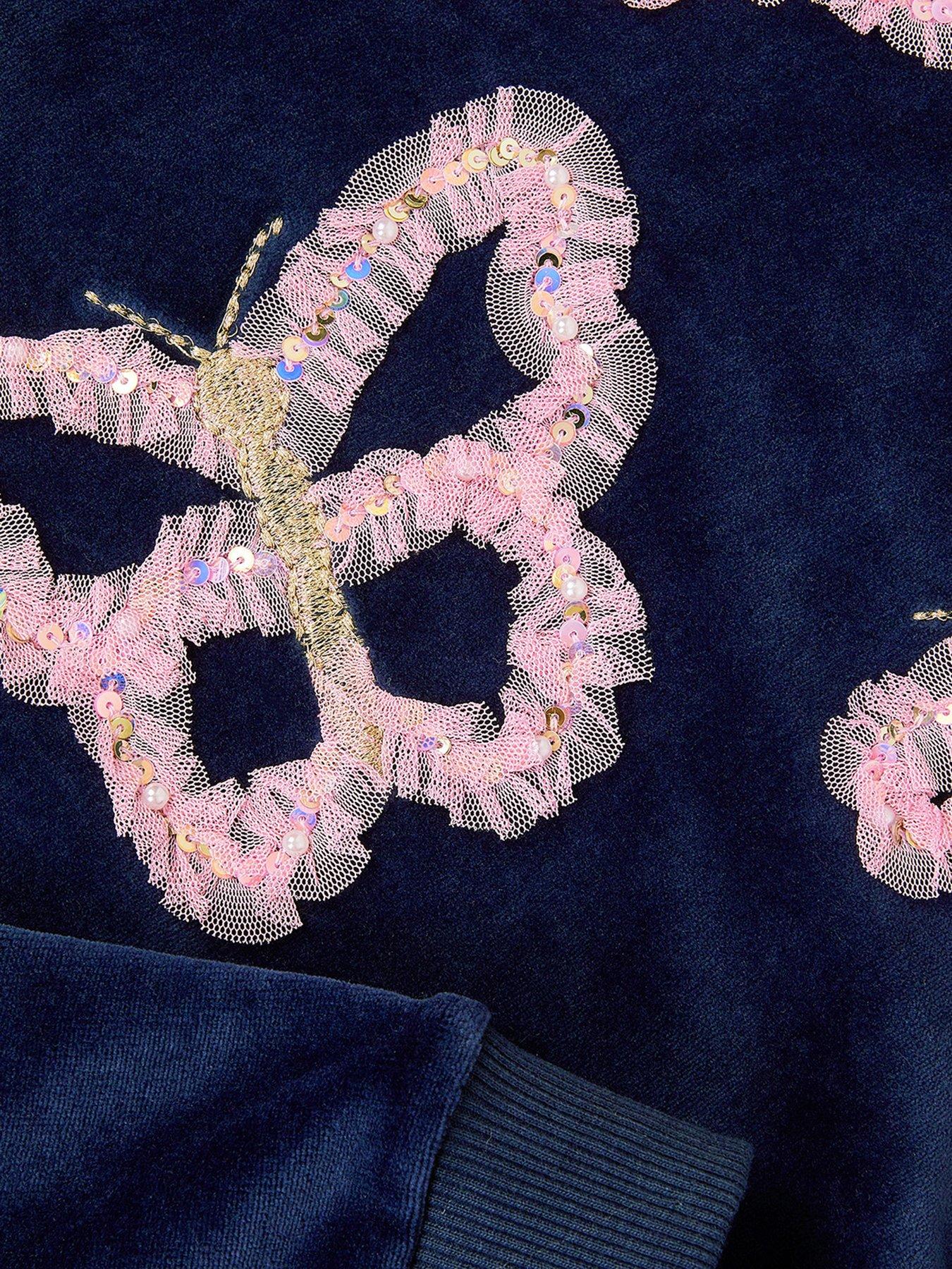 Image 3 of 3 of Monsoon Girls Butterfly Embroidered Velour Co-ord Sweat Top - Navy