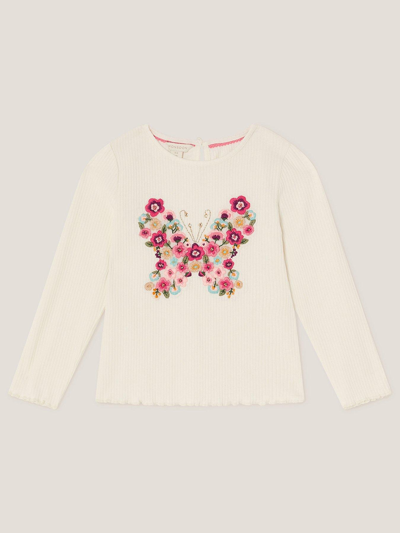 Image 3 of 4 of Monsoon Girls Butterfly Embroidered Ribbed Top - Light Cream