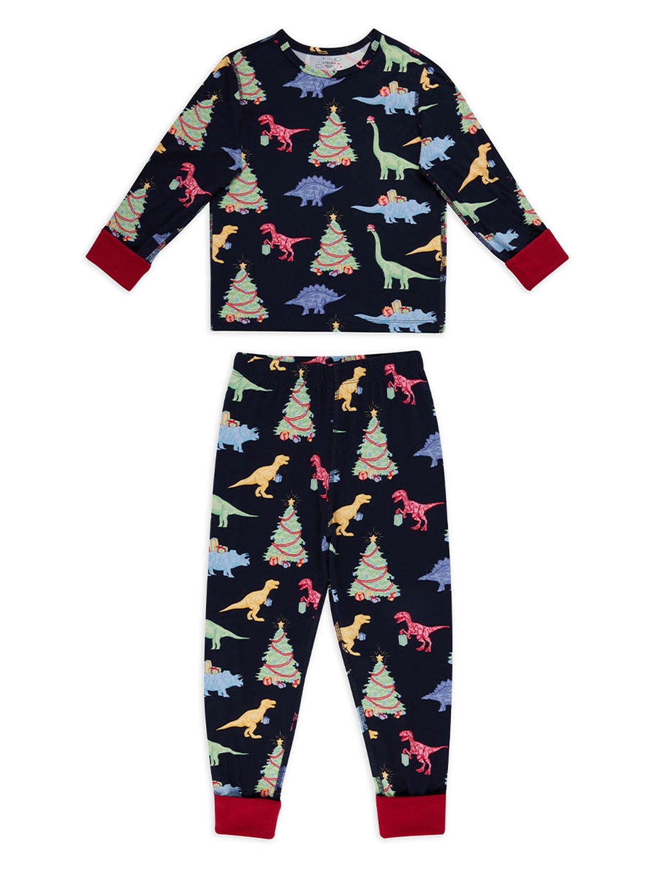  image of chelsea-peers-unisex-kids-christmas-dinosaurs-pyjamas-navy