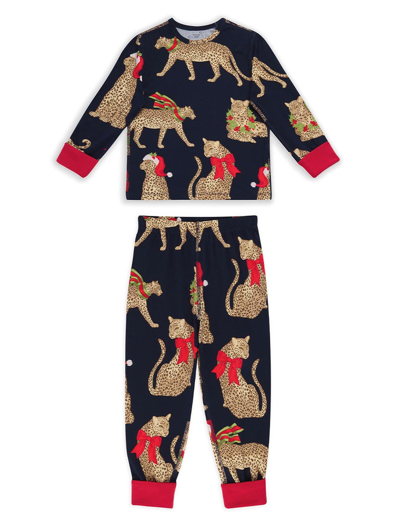 Image 2 of 7 of CHELSEA PEERS Unisex Kids Christmas Leopard Print Pyjamas - Navy