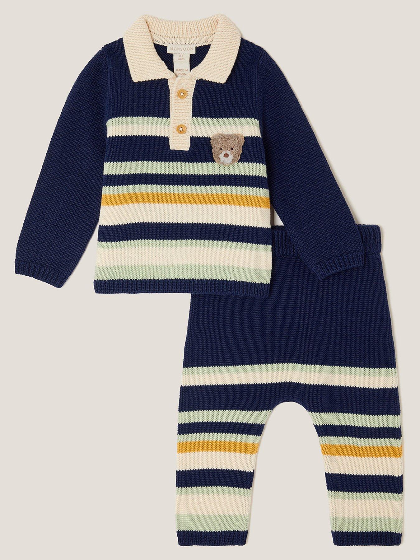 Image 1 of 3 of Monsoon Baby Boys Benny Bear Stripe Knitted Set - Navy