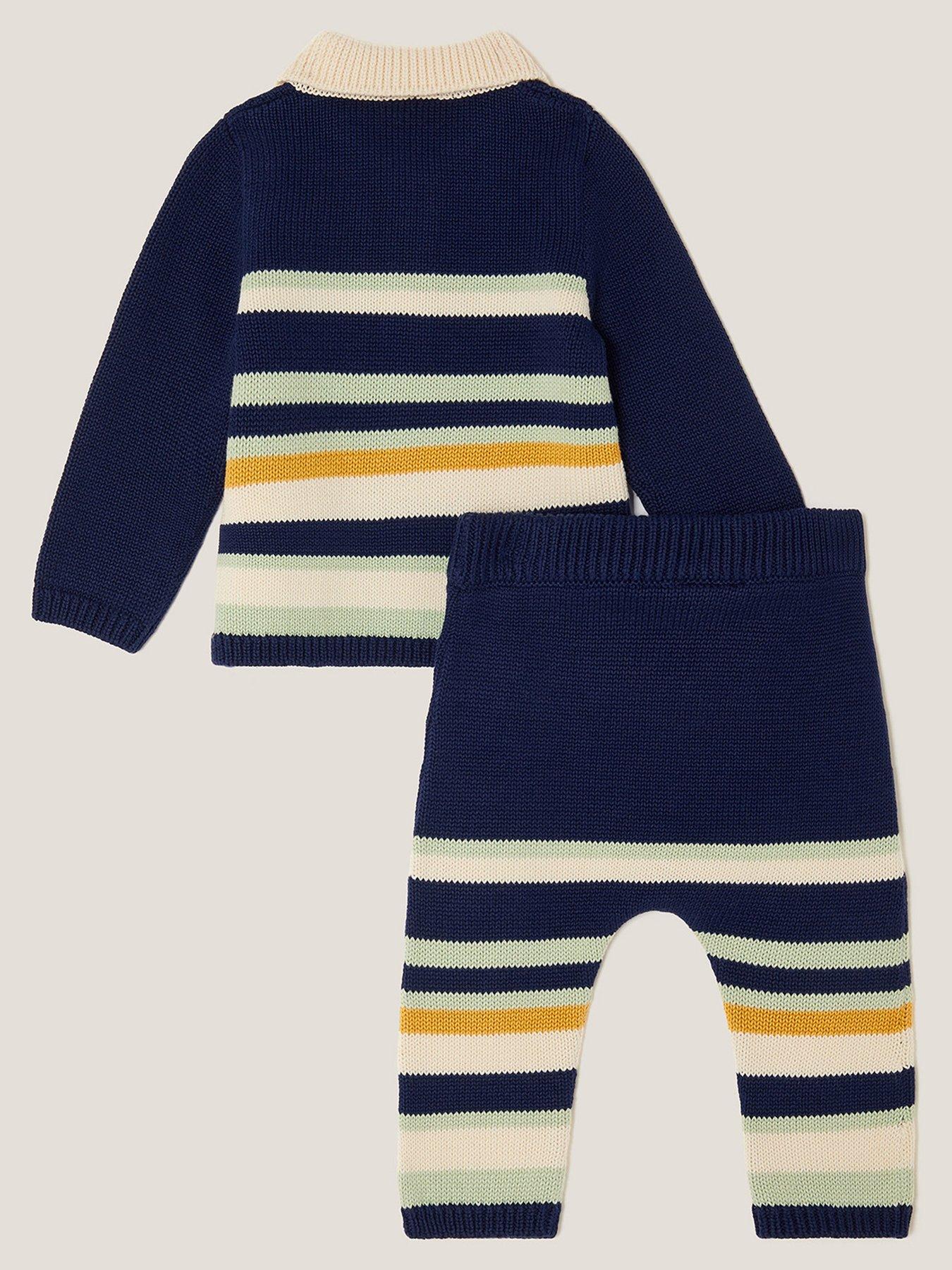 Image 2 of 3 of Monsoon Baby Boys Benny Bear Stripe Knitted Set - Navy