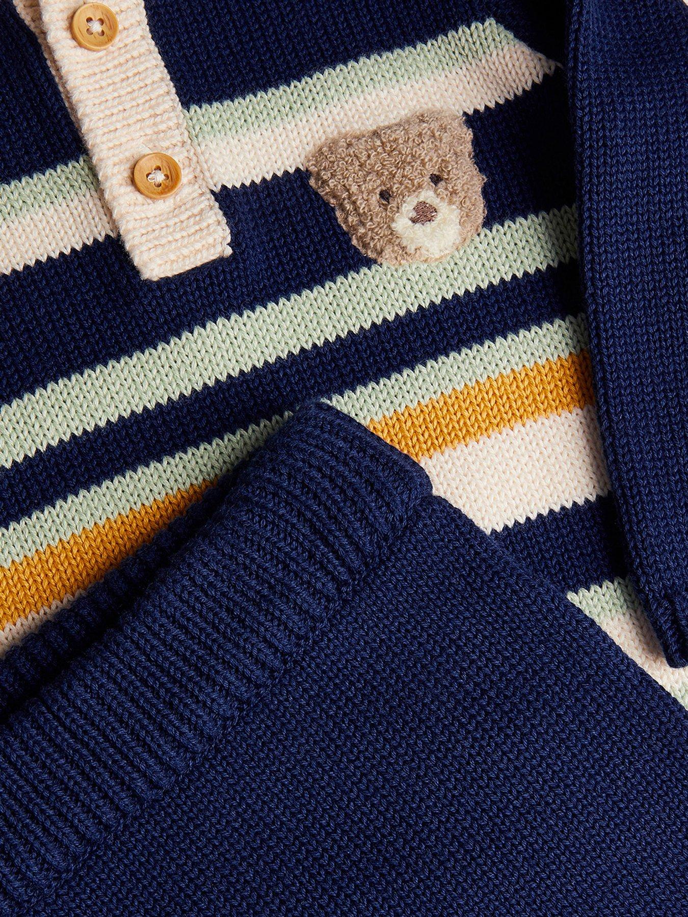 Image 3 of 3 of Monsoon Baby Boys Benny Bear Stripe Knitted Set - Navy