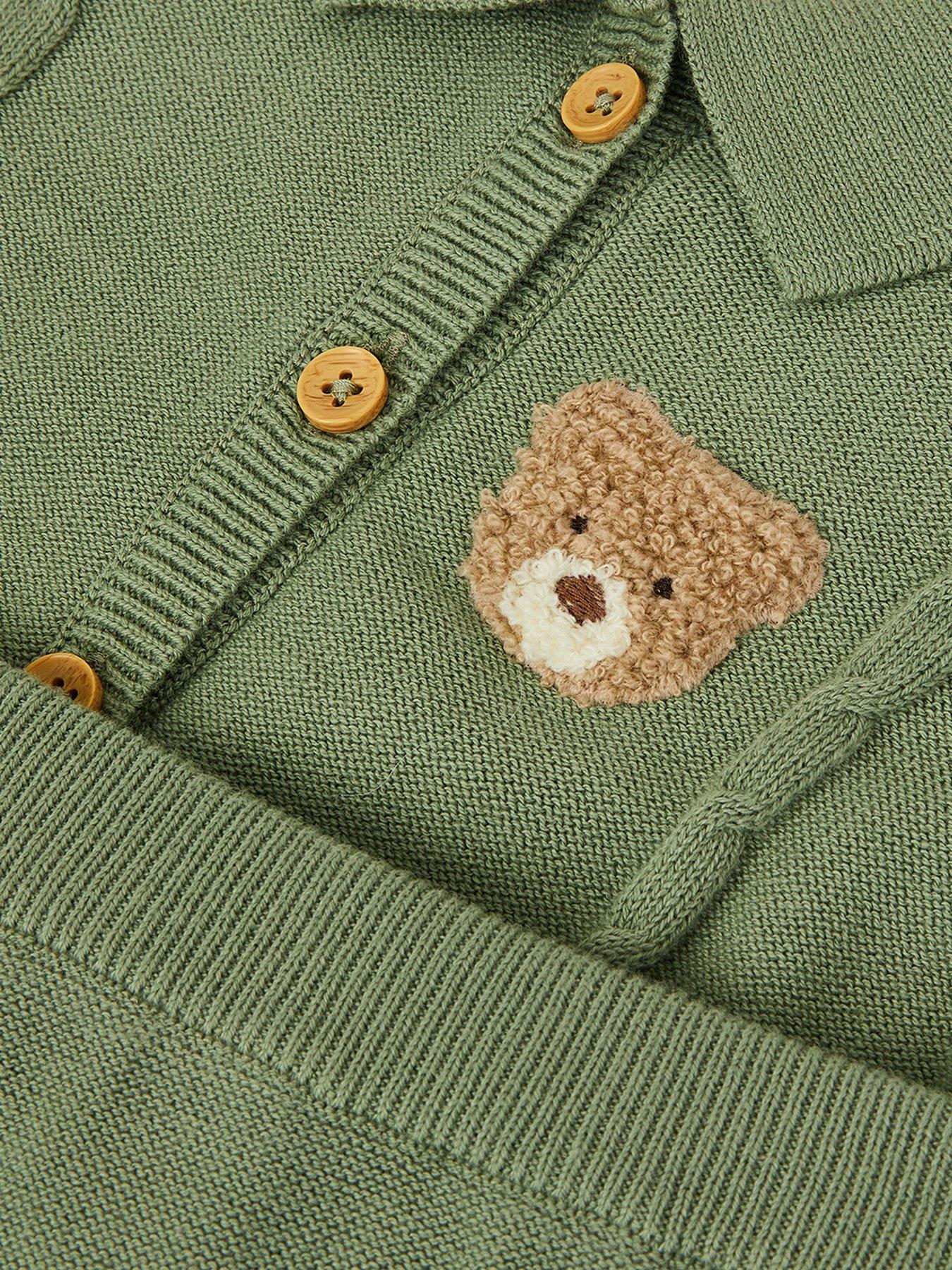 Image 3 of 3 of Monsoon Baby Boys Benny Bear Cable Knitted Cardigan - Green