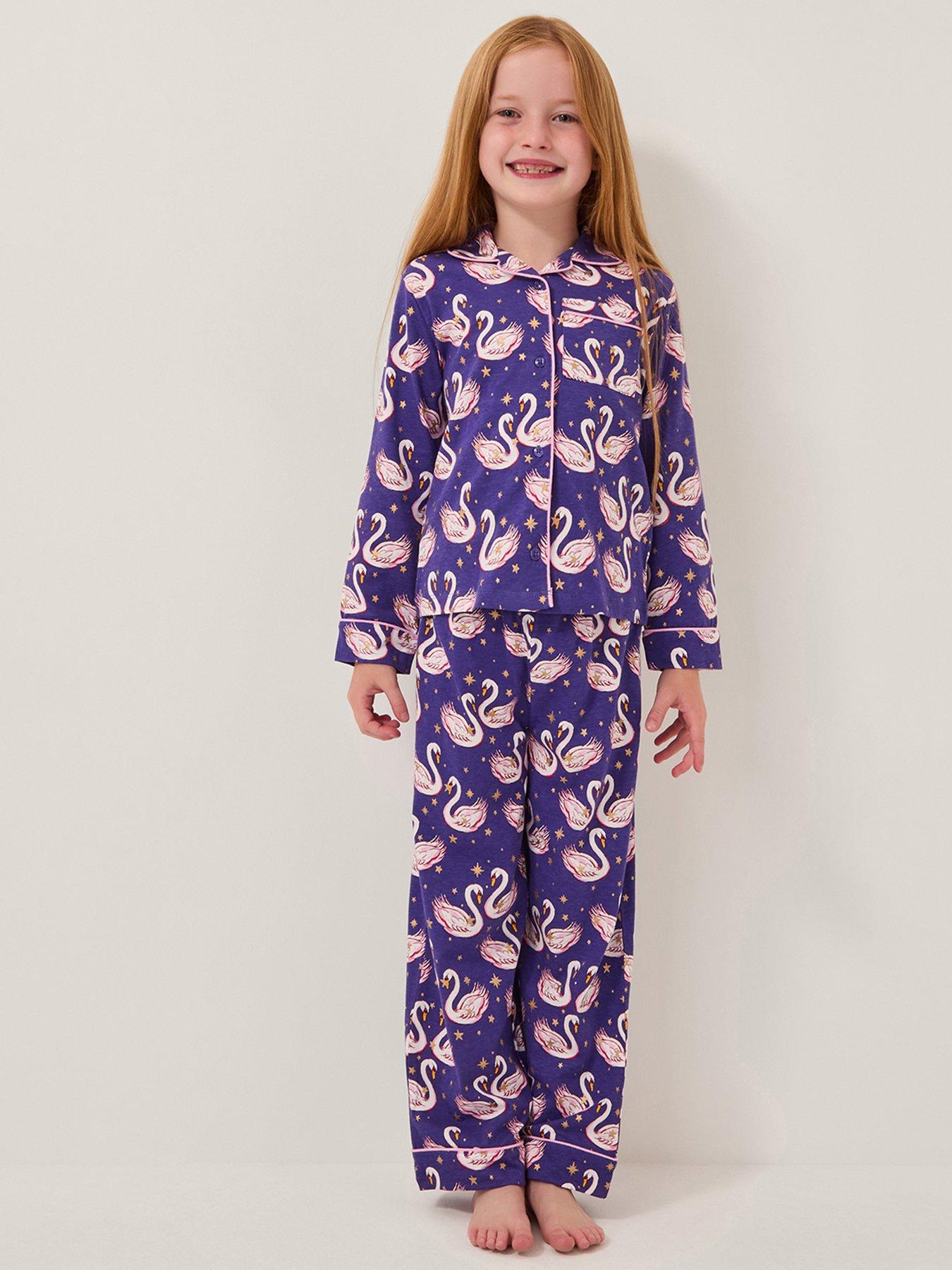 undefined Girls Jersey Swan Print Pyjamas - Navy