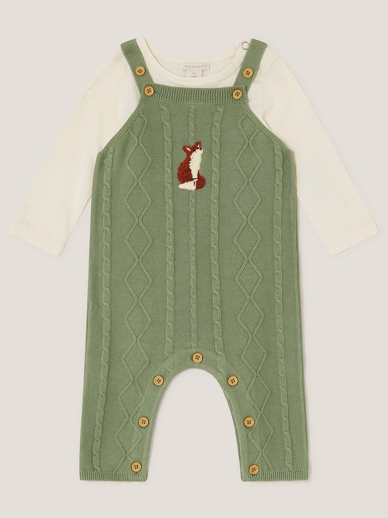undefined Baby Boys Knitted Fox Dungaree Set - Green