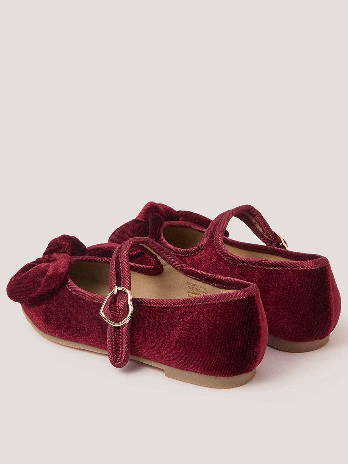 image of monsoon-girls-velvet-bow-ballerina-shoes-dark-red