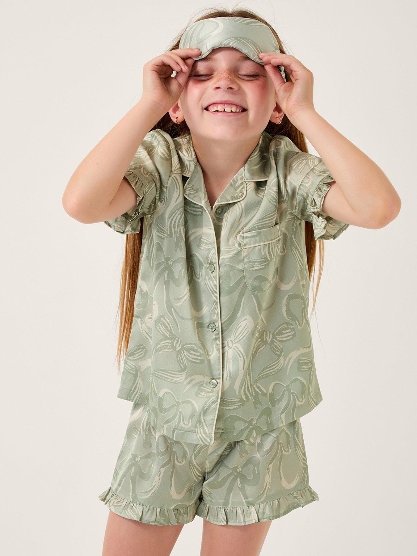 undefined Girls Satin Bow Print Short Pyjamas - Green