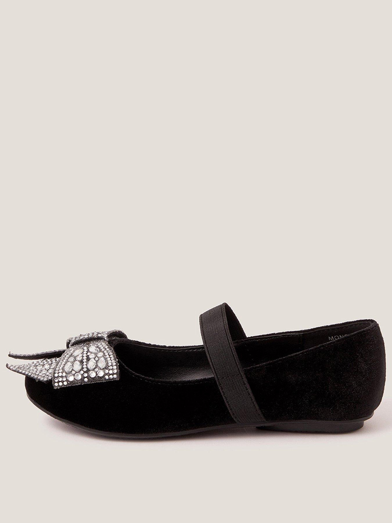 Image 1 of 3 of Monsoon Girls Velvet Ballerina Shoes With Bow - Black