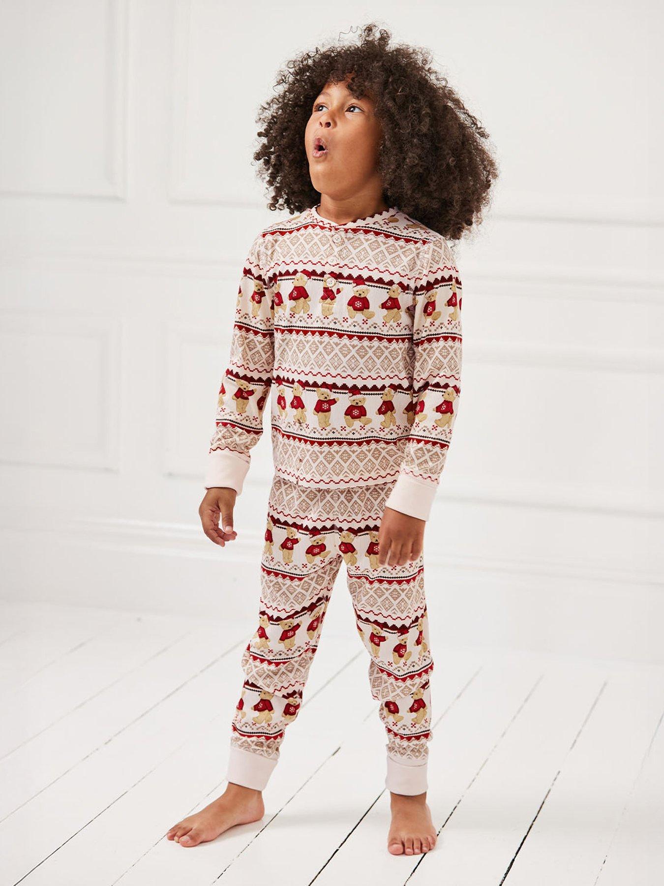  image of chelsea-peers-unisex-kids-christmas-bear-fairisle-print-pyjamas-light-cream