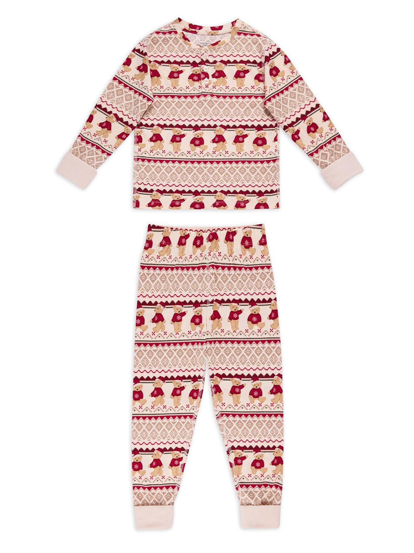  image of chelsea-peers-unisex-kids-christmas-bear-fairisle-print-pyjamas-light-cream