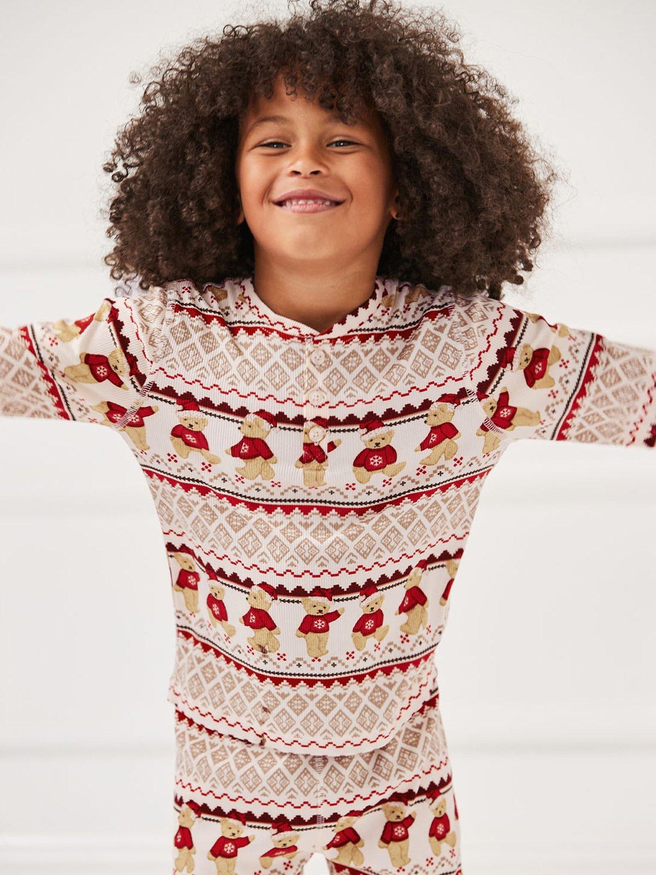 image of chelsea-peers-unisex-kids-christmas-bear-fairisle-print-pyjamas-light-cream