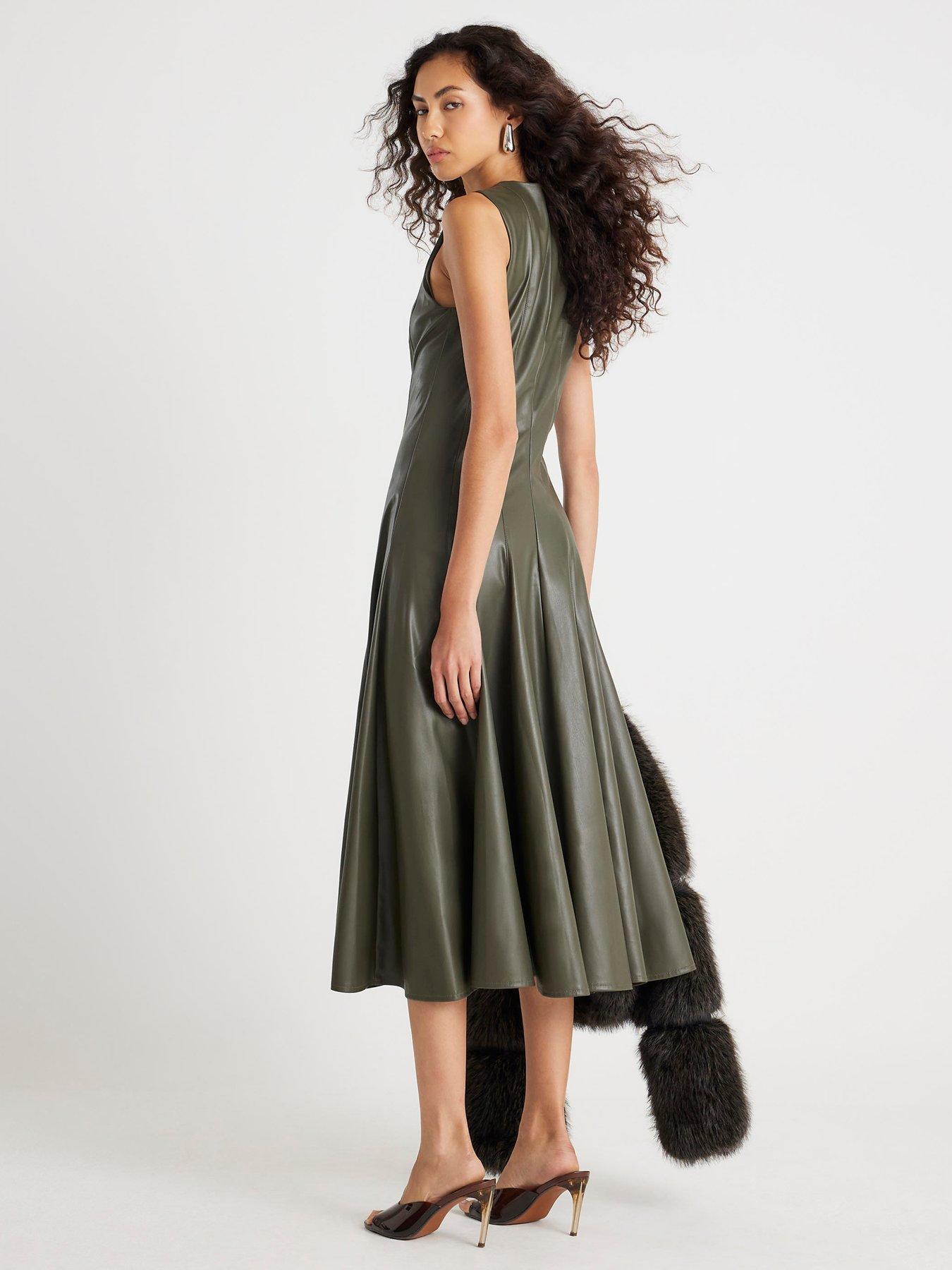Image 2 of 4 of River Island Faux Leather Midi Dress - Khaki