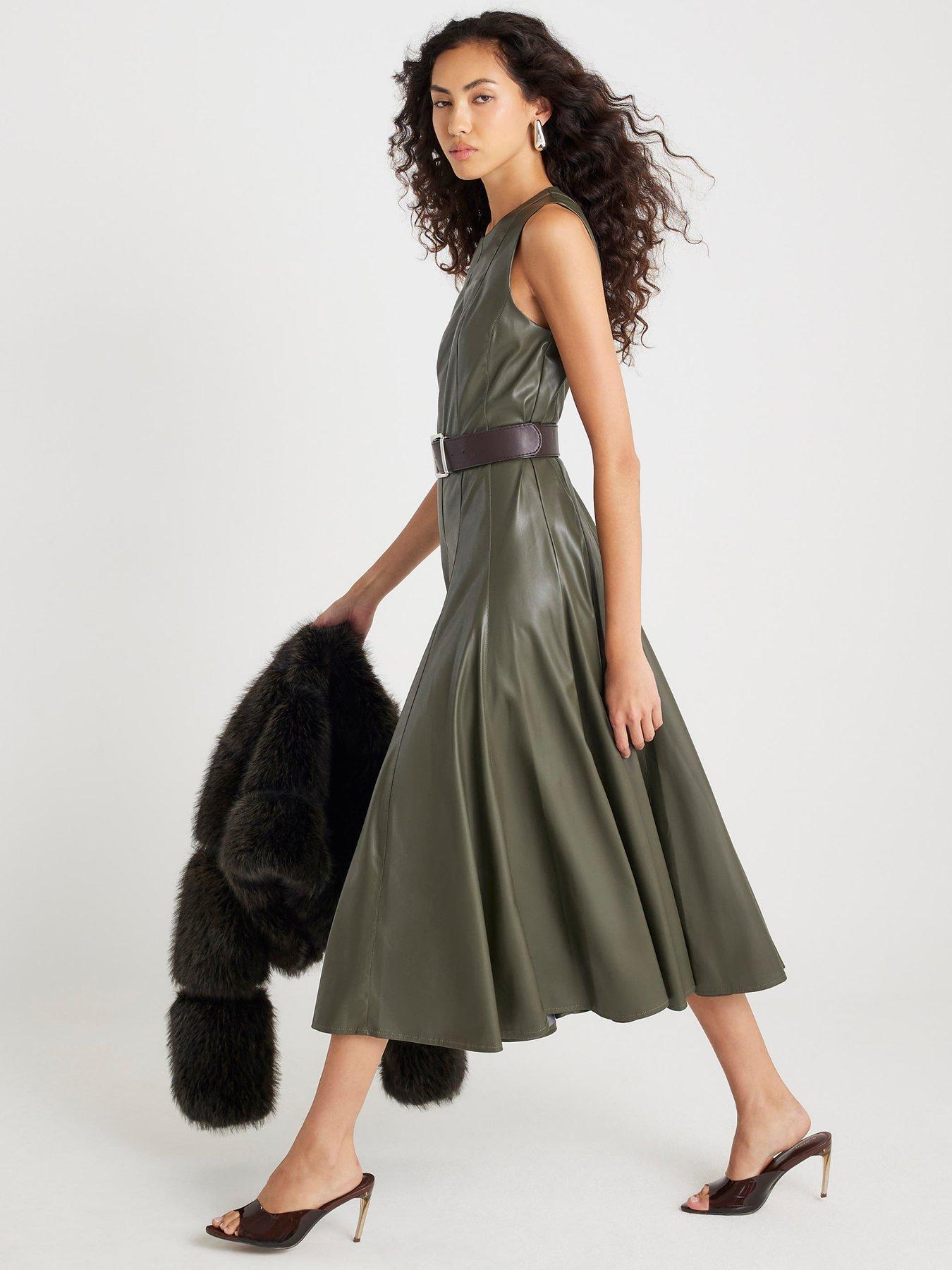 Image 3 of 4 of River Island Faux Leather Midi Dress - Khaki