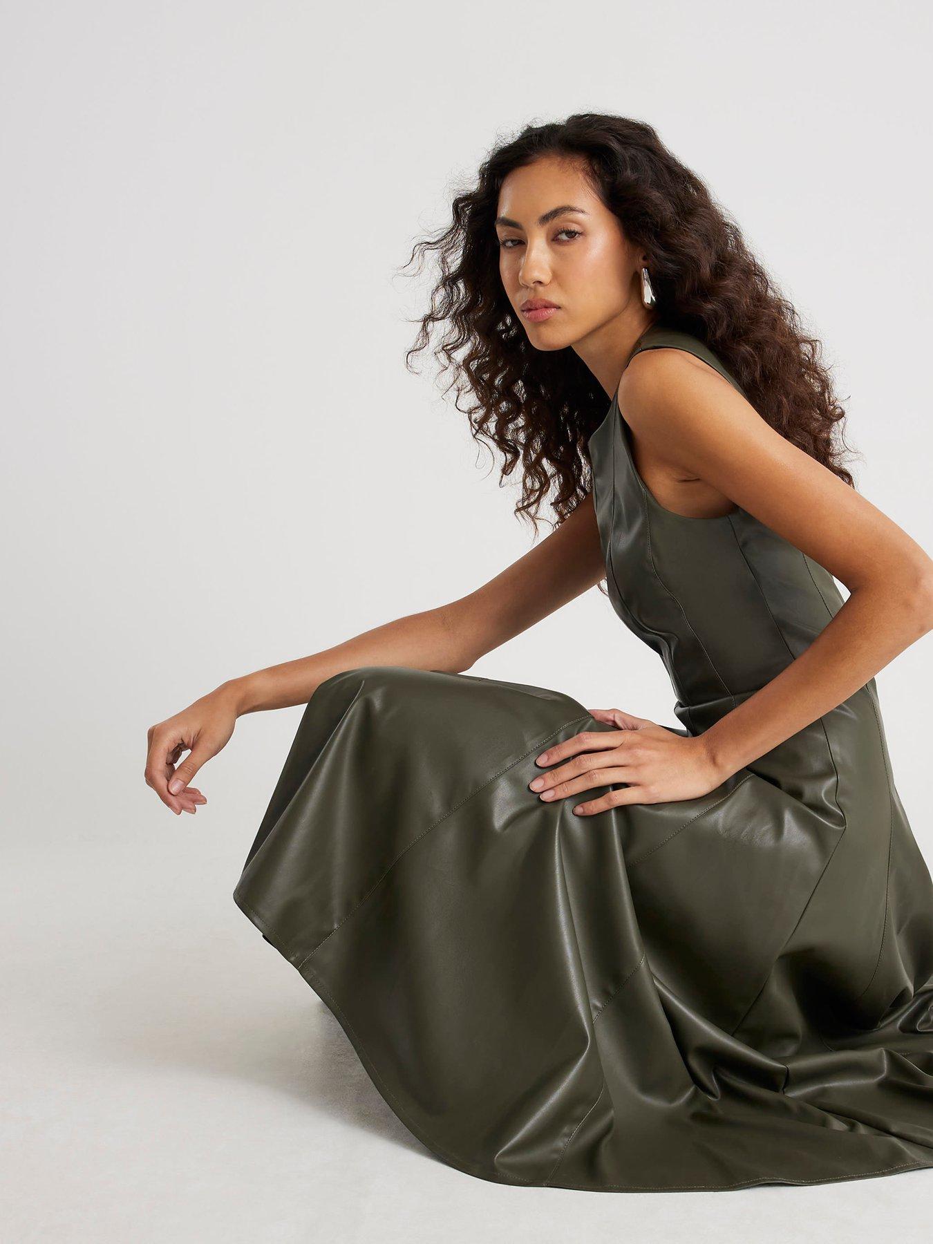 Image 4 of 4 of River Island Faux Leather Midi Dress - Khaki