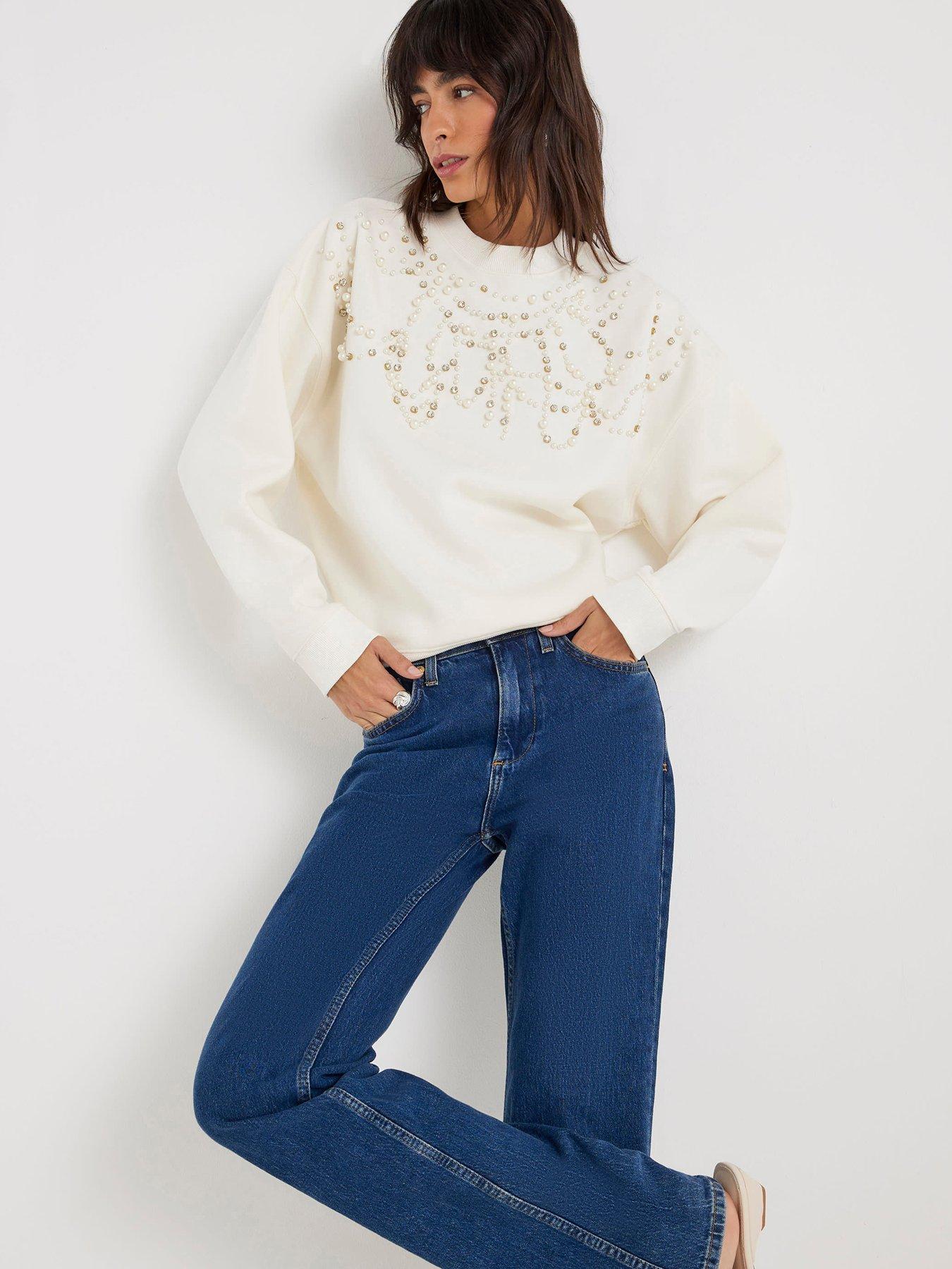undefined Long Sleeve Pearl Diamante Trim Sweat - Cream