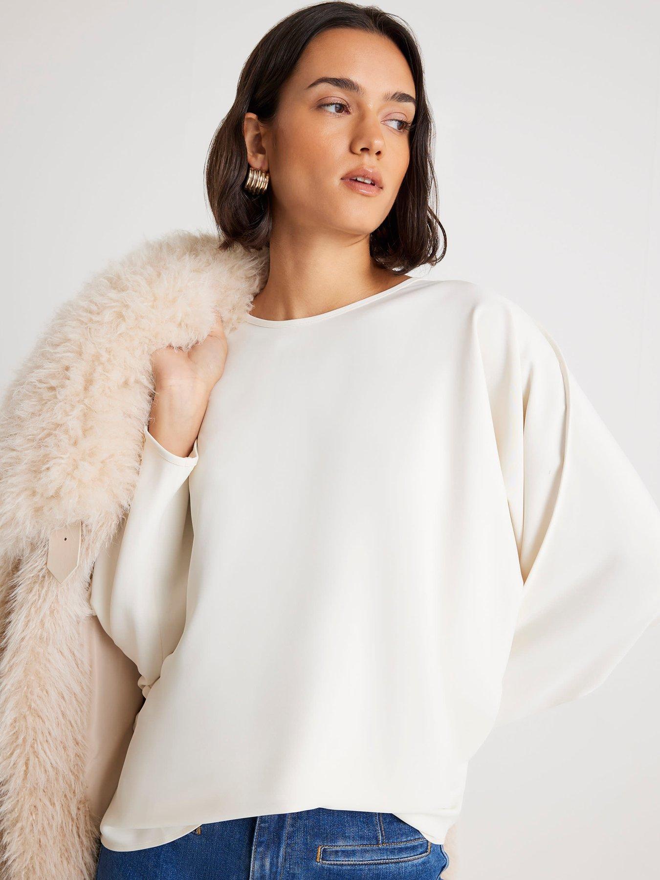 Image 1 of 4 of River Island Long Sleeve Batwing T-Shirt - Cream