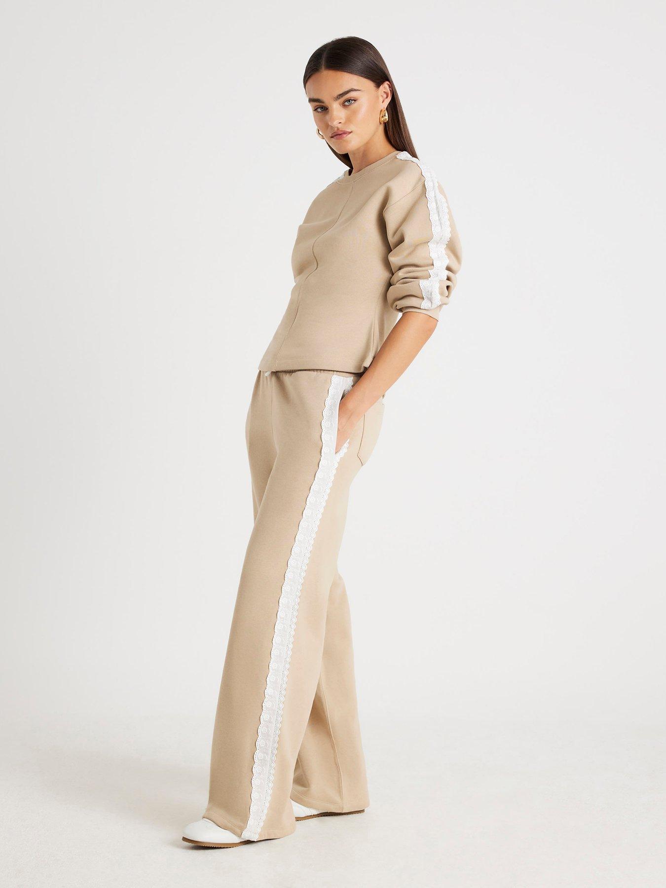 undefined Lace Trim Wide Leg Jogger - Beige