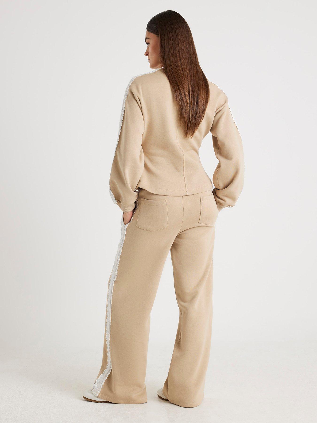 Image 2 of 4 of River Island Lace Trim Wide Leg Jogger - Beige