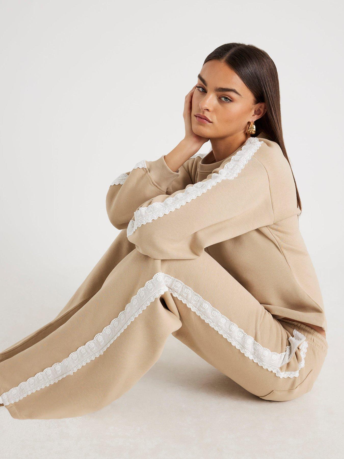 Image 3 of 4 of River Island Lace Trim Wide Leg Jogger - Beige