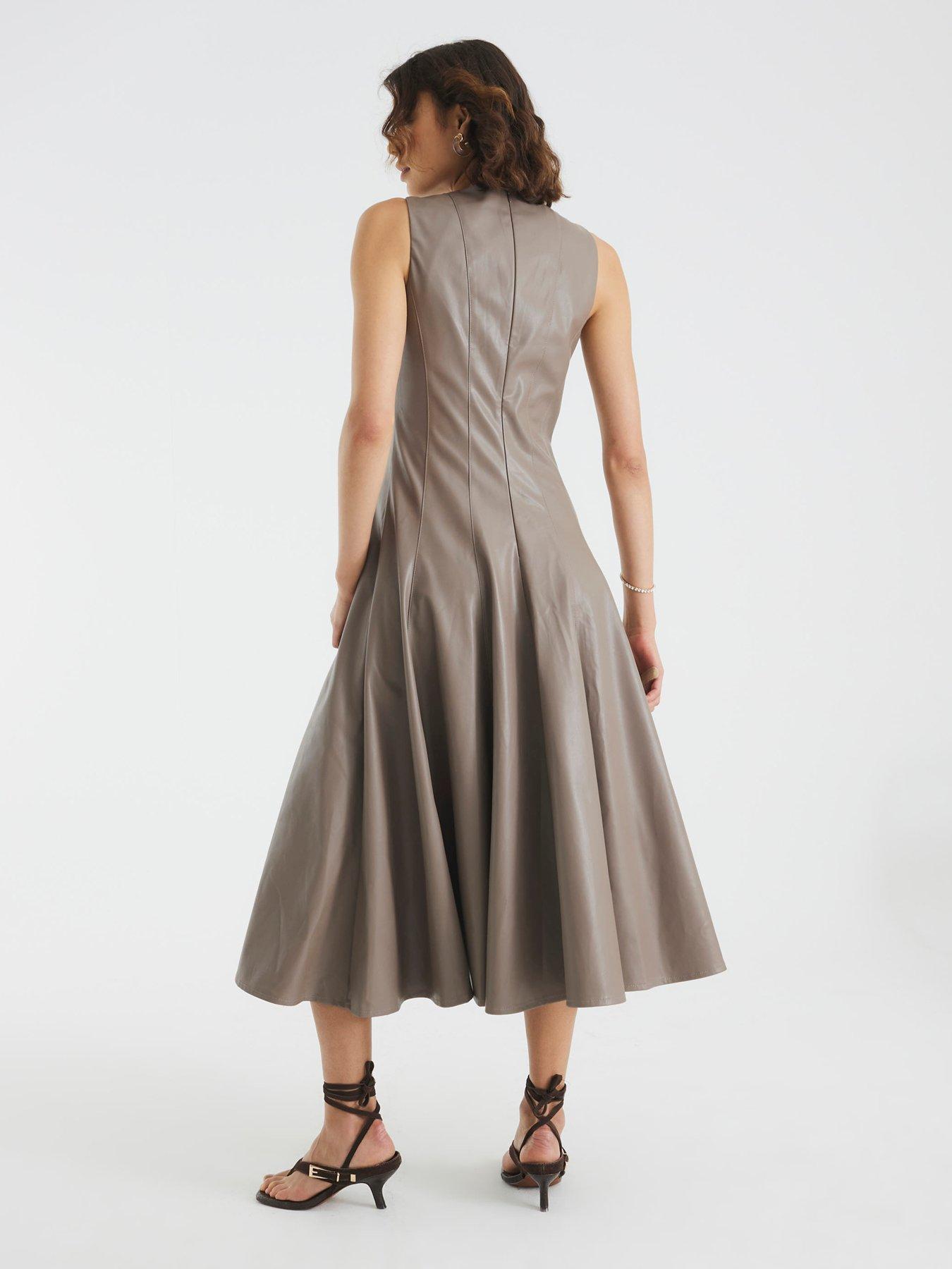 Image 2 of 4 of River Island Femme Waisted Midi Dress - Beige