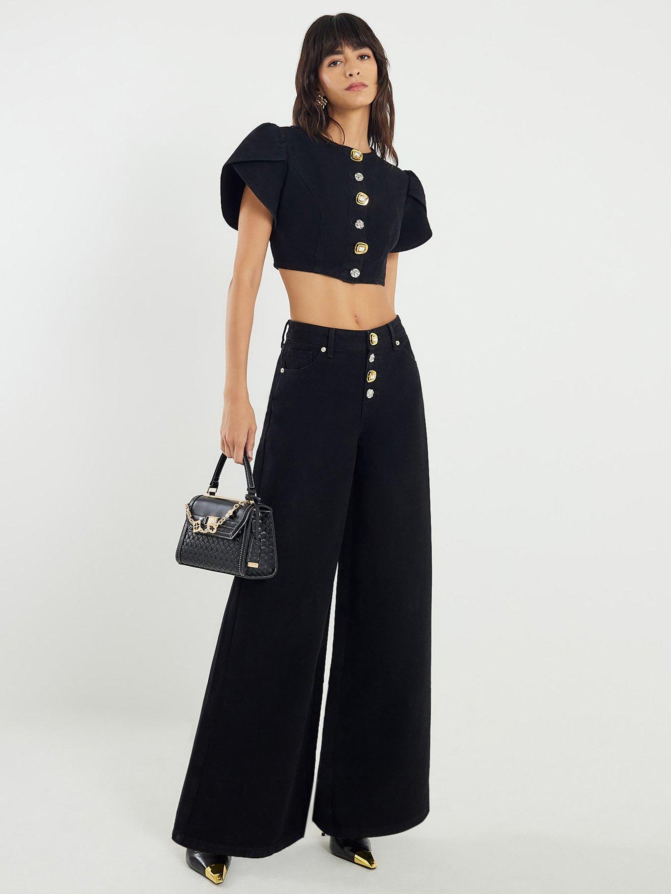 Image 3 of 3 of River Island Lilo Button Sleeve Crop Top - Black