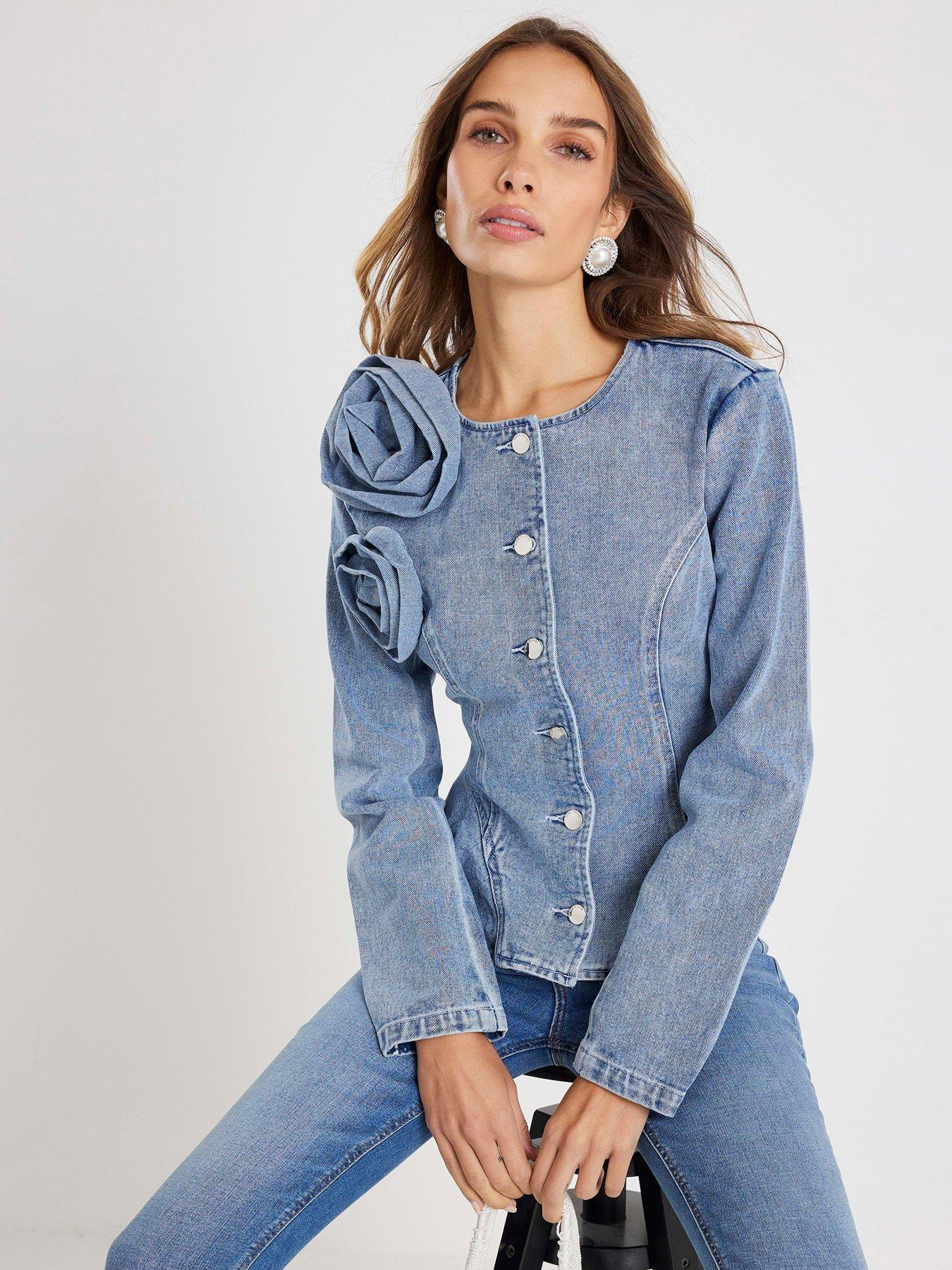 Image 1 of 4 of River Island Corsage Denim Jacket - Blue