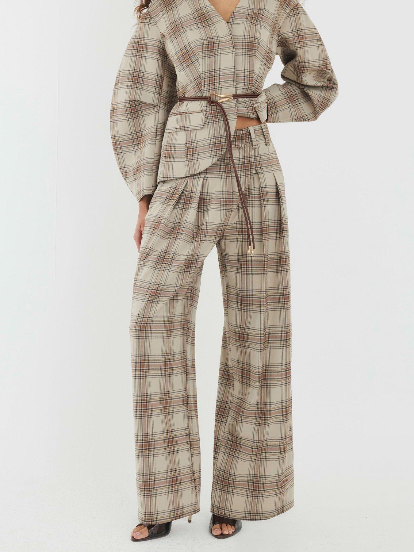 undefined Check Wide Leg Trouser - Beige