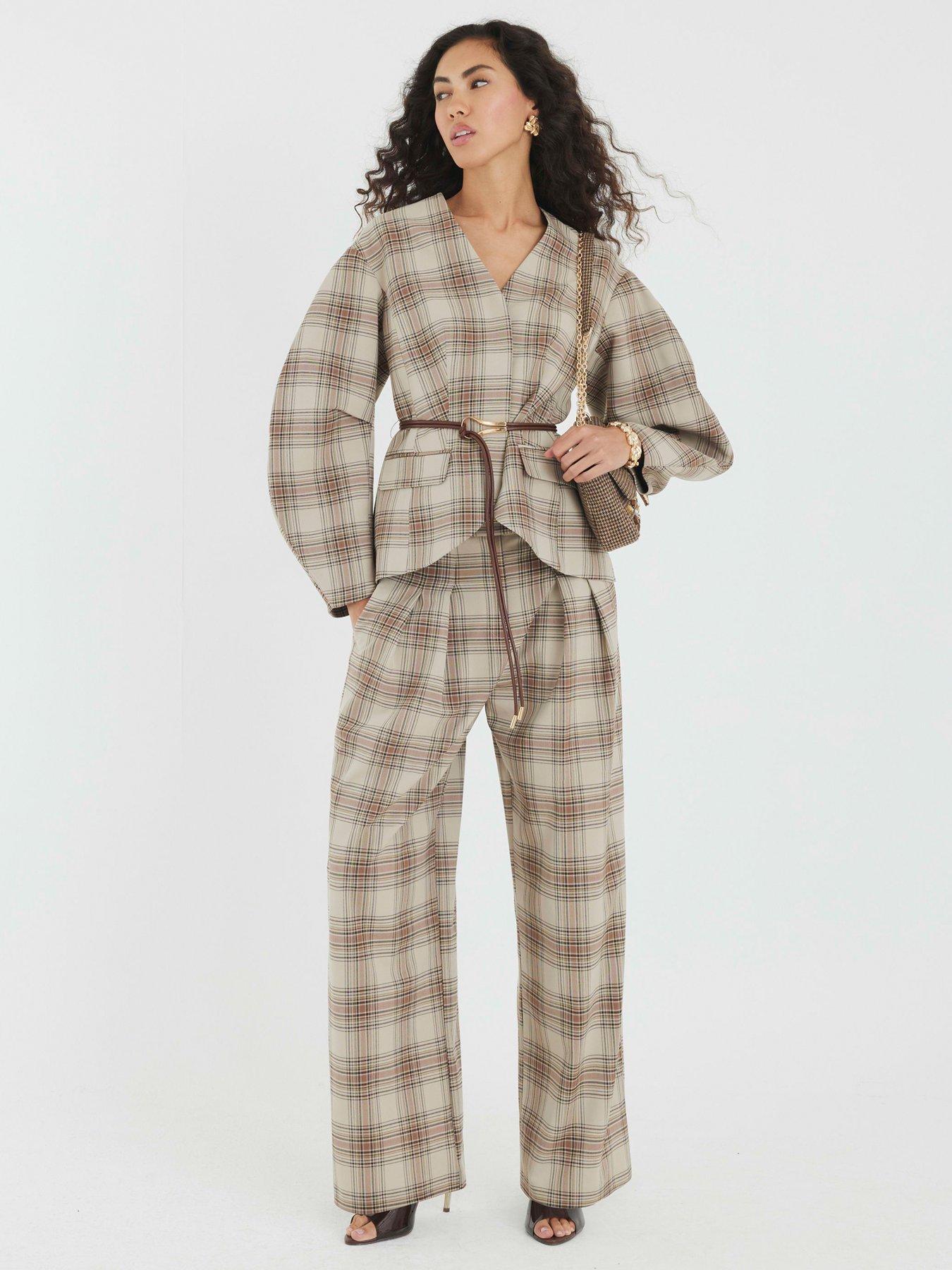 Image 2 of 4 of River Island Check Wide Leg Trouser - Beige