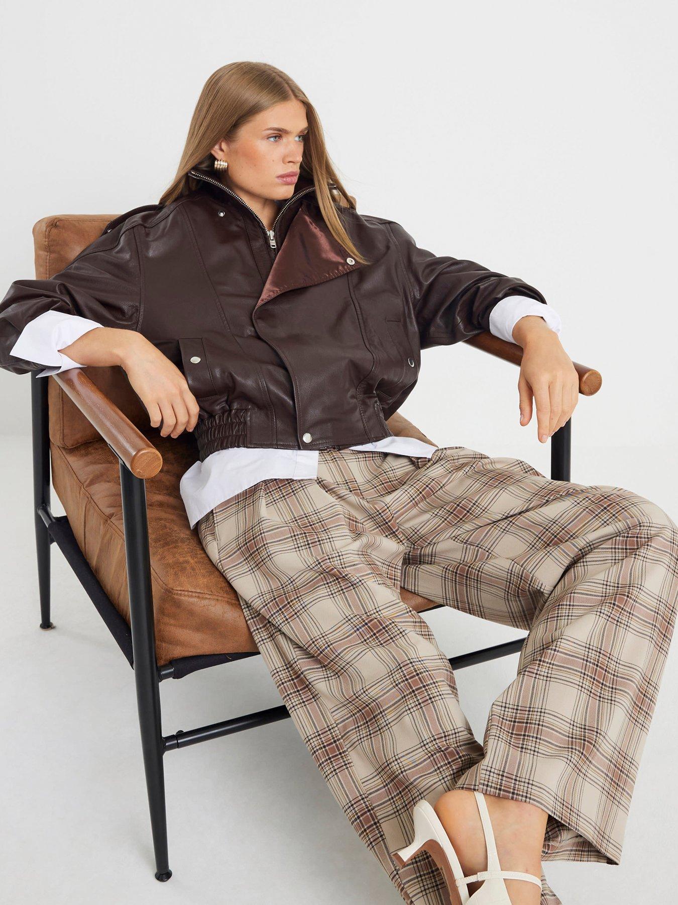 Image 4 of 4 of River Island Check Wide Leg Trouser - Beige