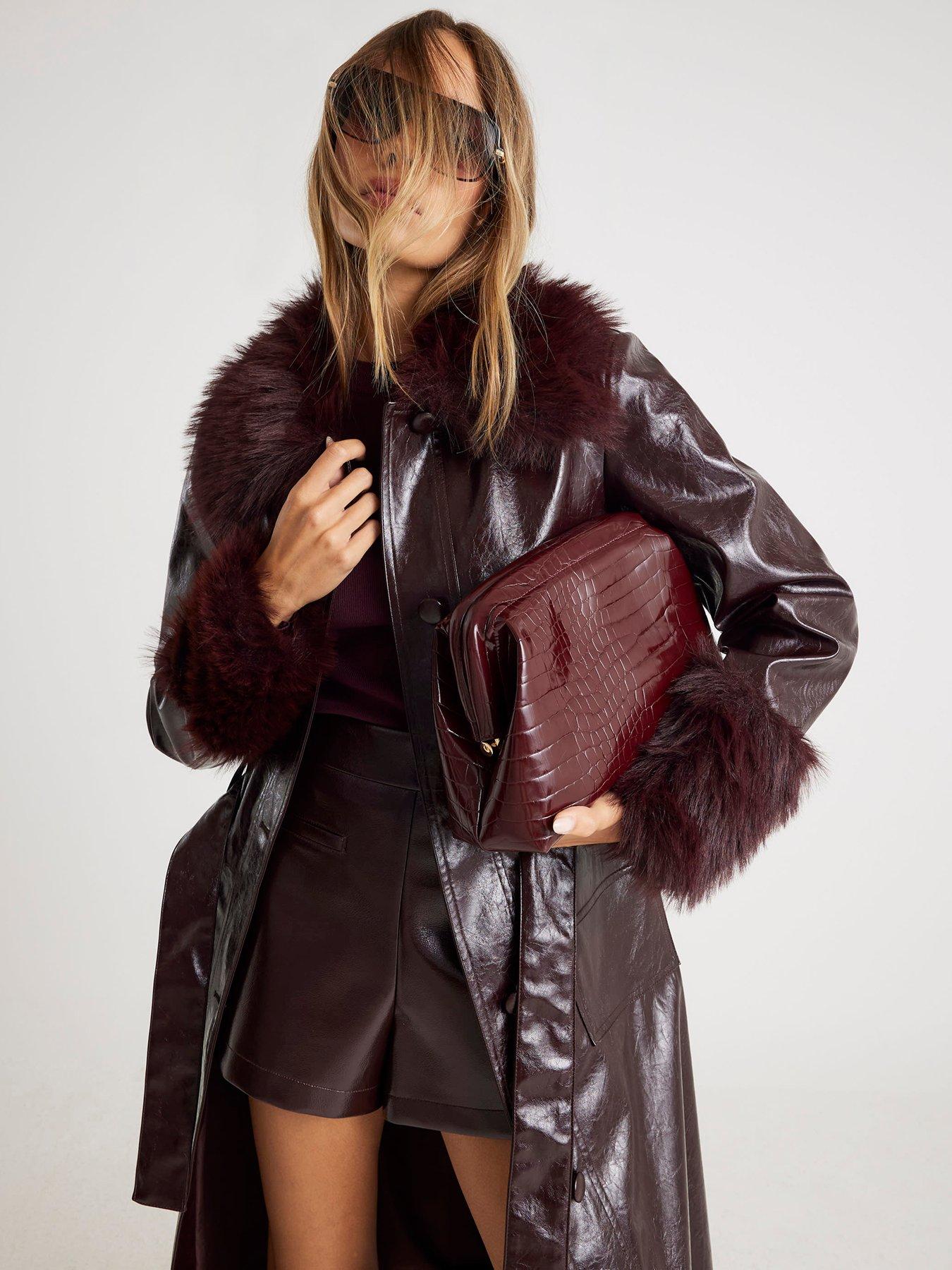 Image 3 of 4 of River Island Pu Faux Fur Trim Trench Coat - Red