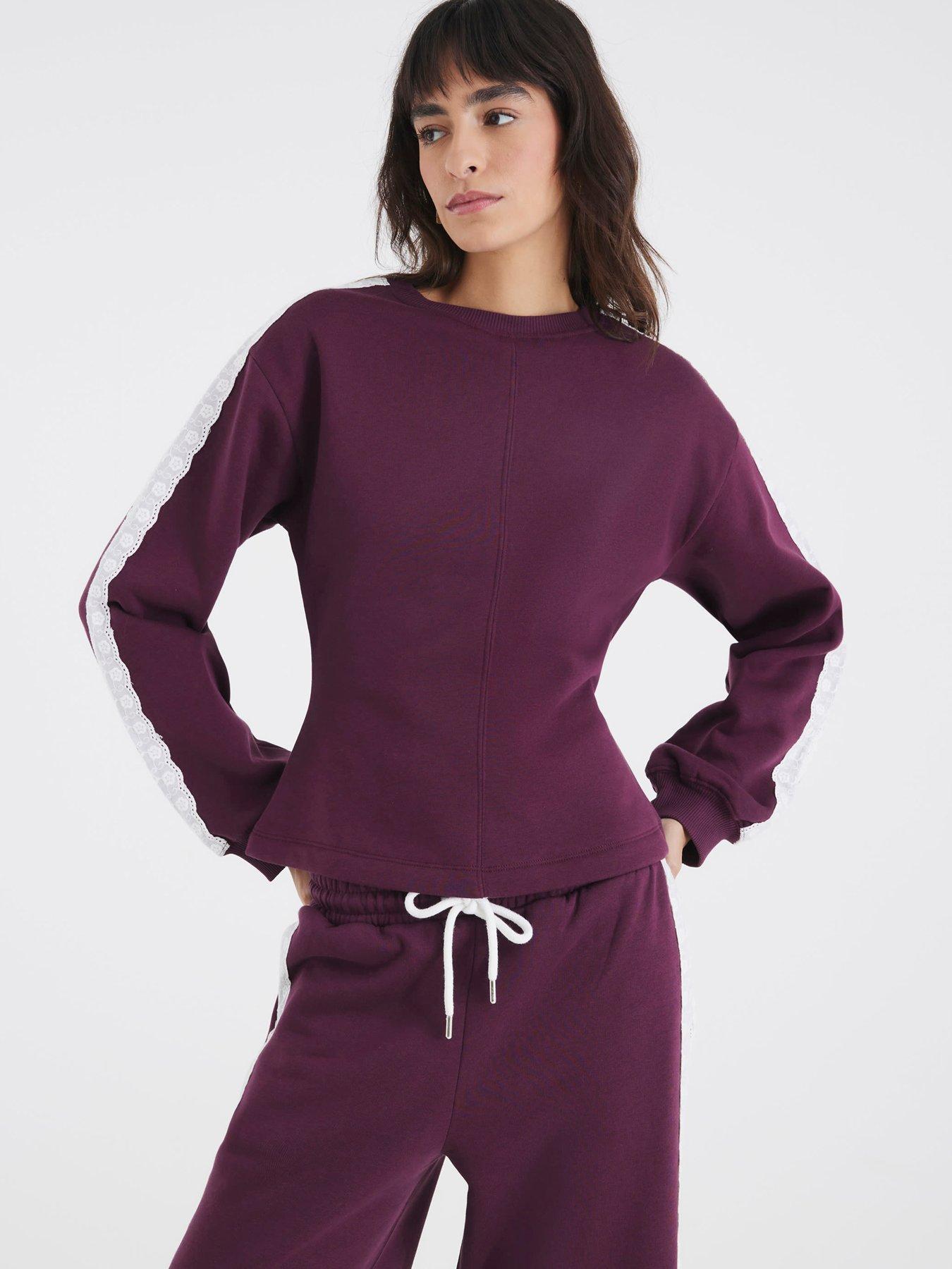 undefined Long Sleeve Lace Trim Cinched Sweat - Red