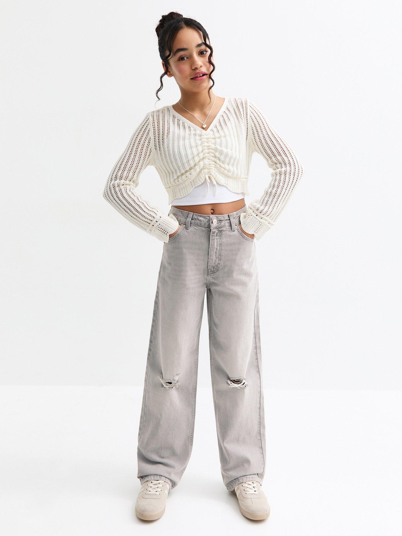 undefined Girls Grey Ripped Wide Leg Jeans