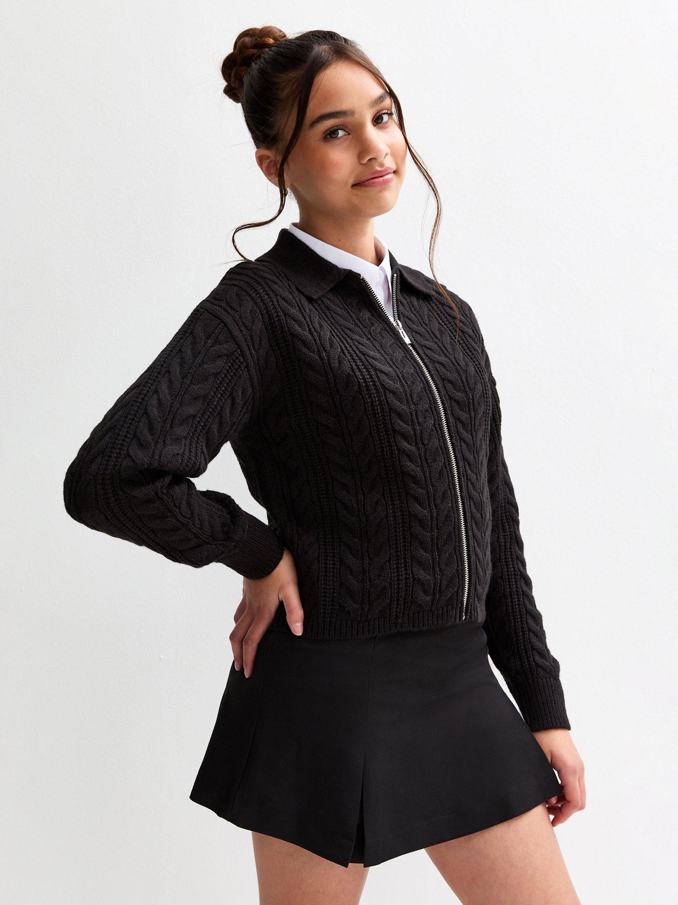 new-look-915-girls-cable-knit-zip-through-school-cardigan-black