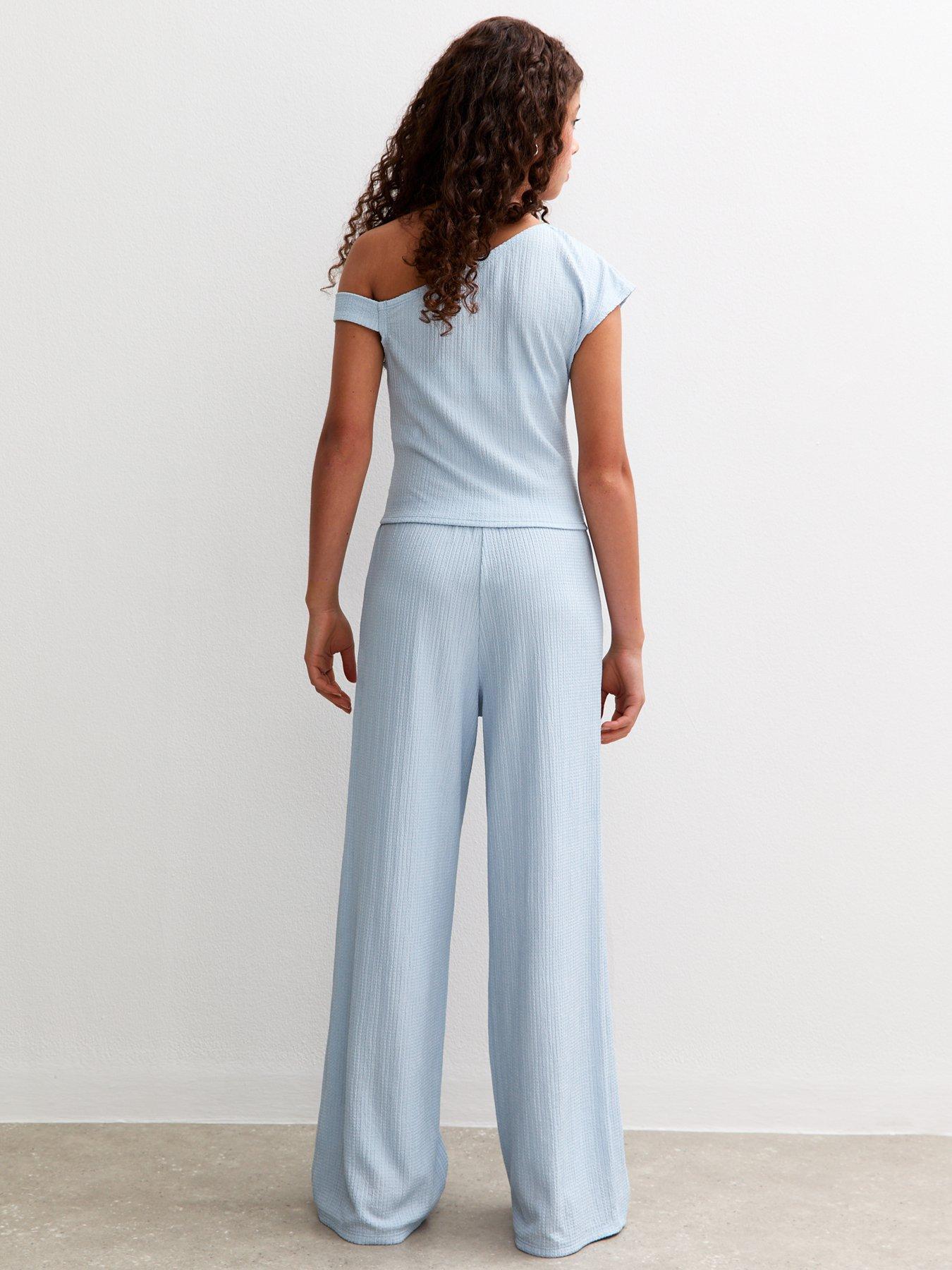 Image 2 of 4 of New Look 915 Girls Textured Jersey Wide Leg Trousers - Light Blue