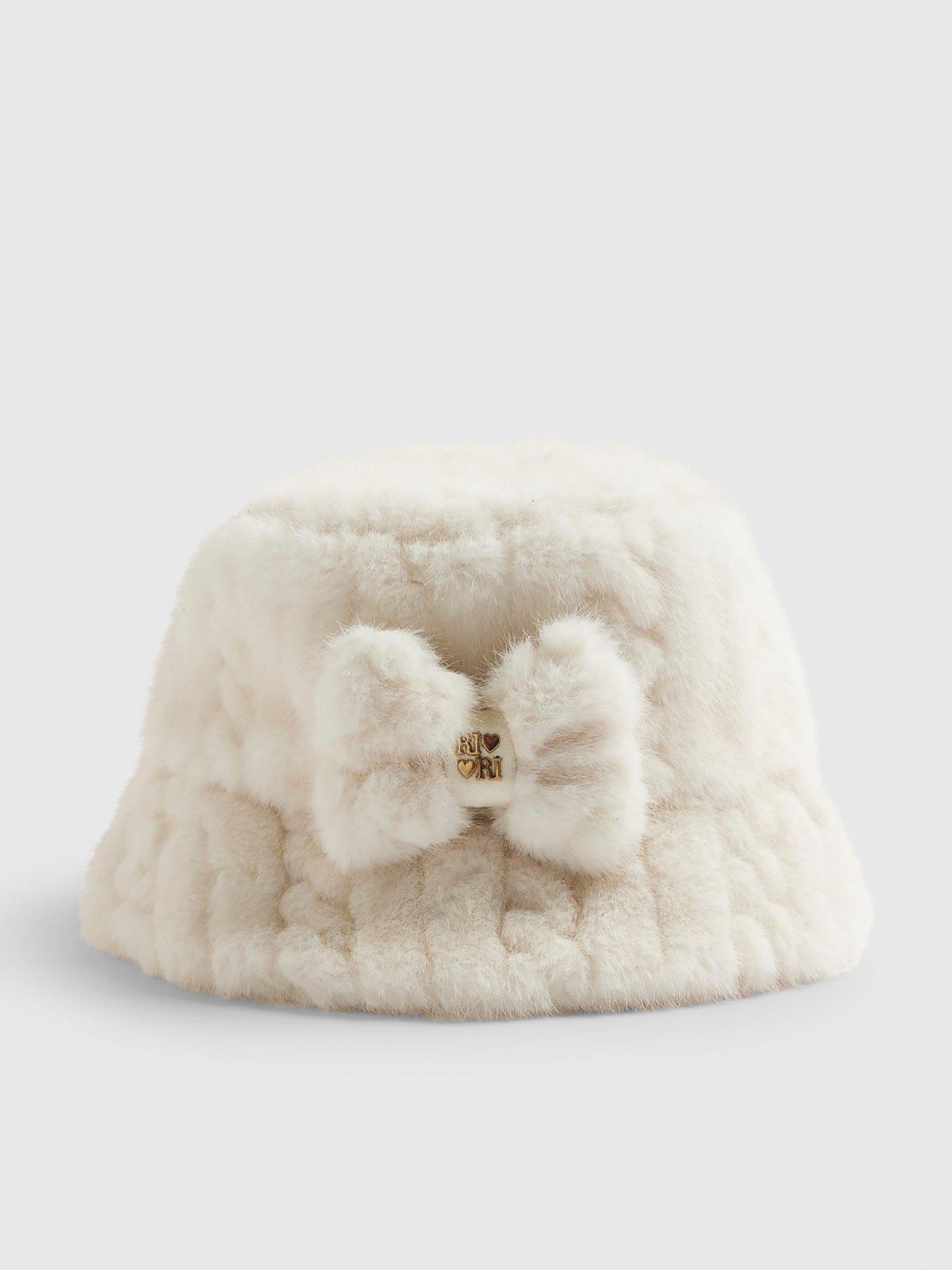 River Island Older Girls Fluffy Bow Bucket Hat - Cream
