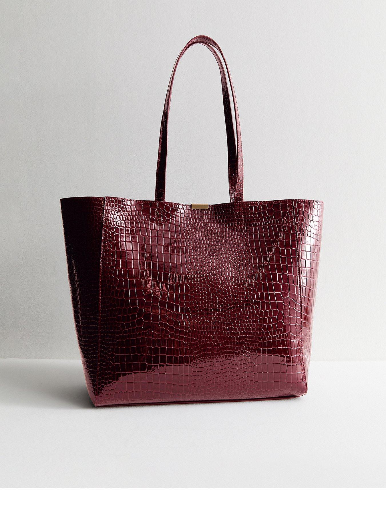 New Look Burgundy Faux Patent Leather Crocodile Effect Tote