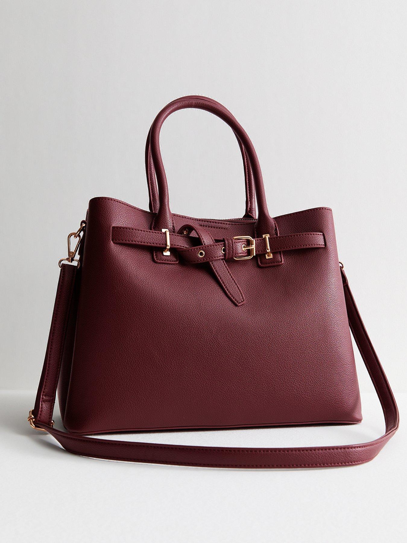 Image 1 of 6 of New Look Dark Burgundy Faux Leather Buckle Strap Tote Bag