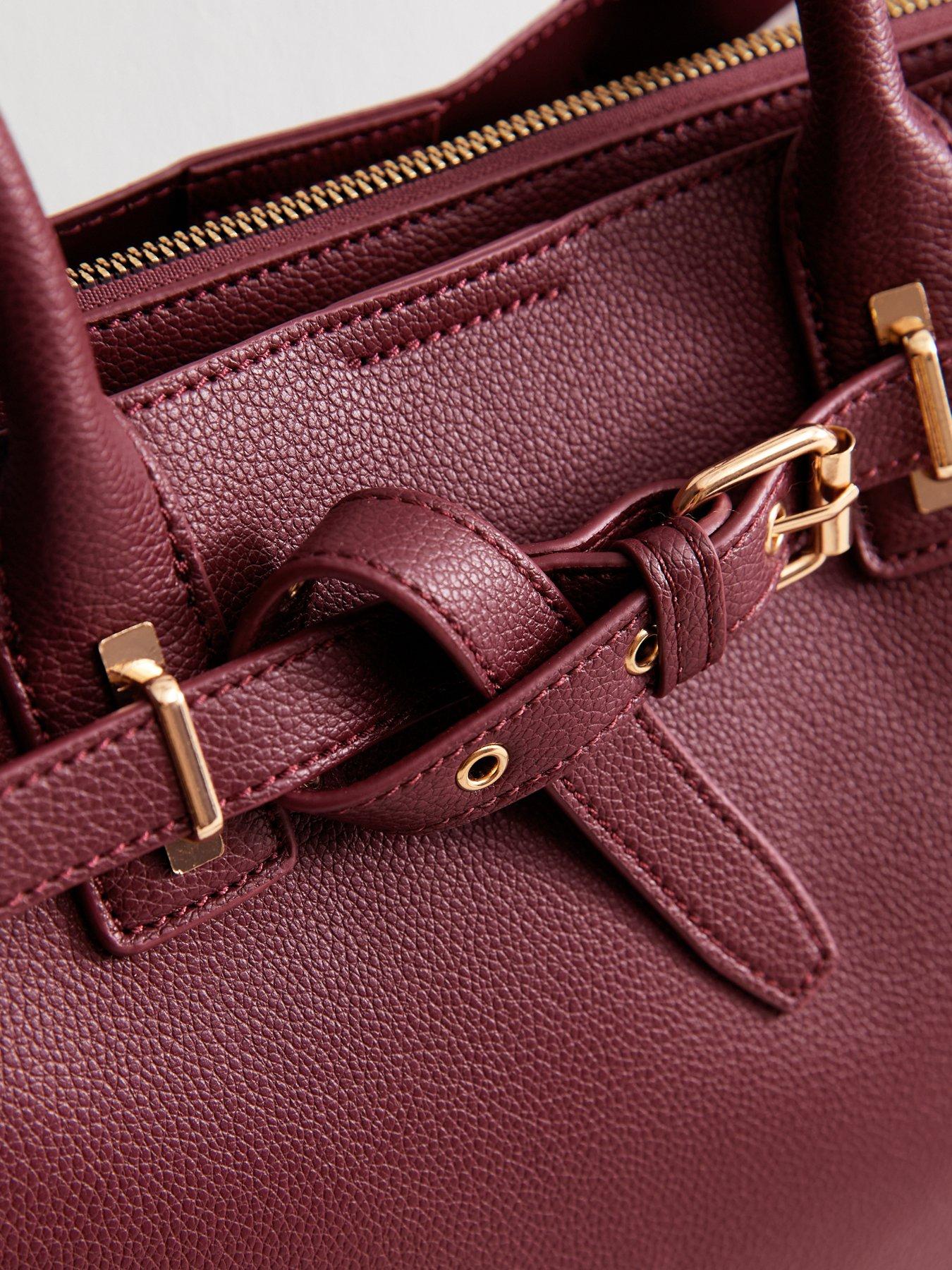 Image 4 of 6 of New Look Dark Burgundy Faux Leather Buckle Strap Tote Bag