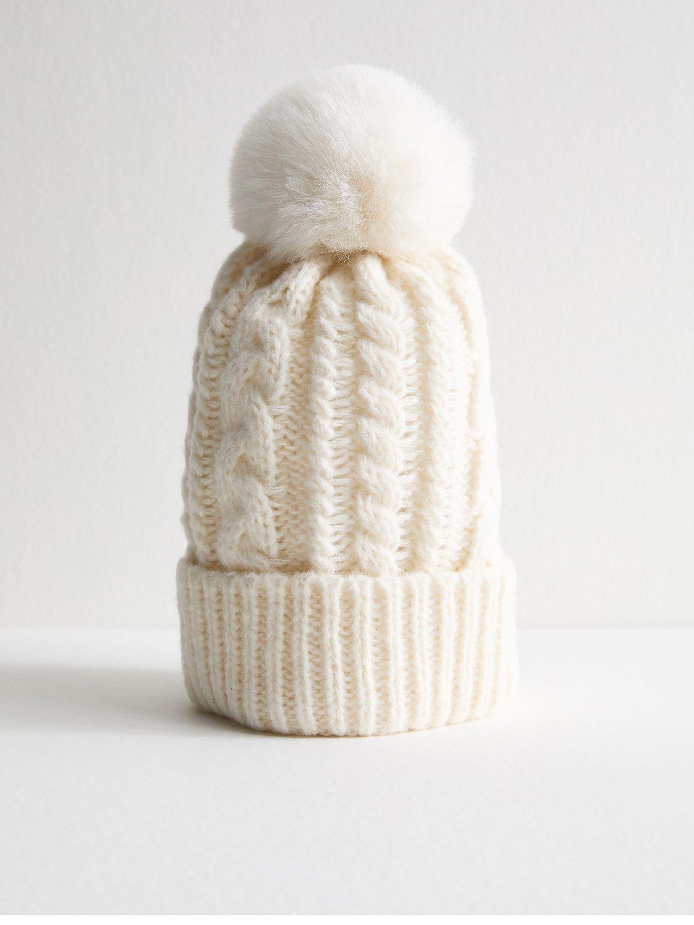 New Look Cable Knit Faux Fur Pom Pom Bobble Hat - Beige