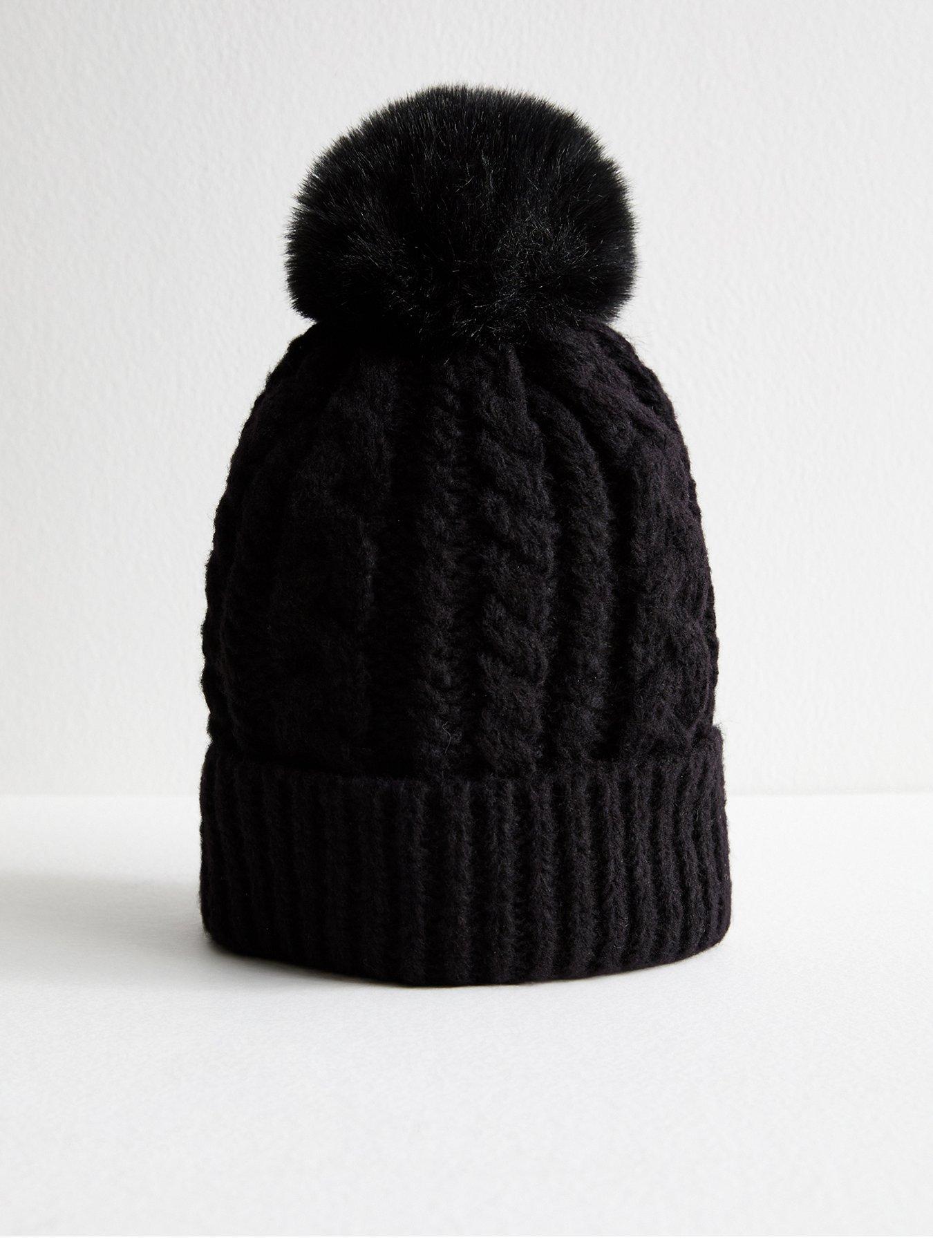 front image of new-look-black-cable-knit-faux-fur-pom-pom-bobble-hat