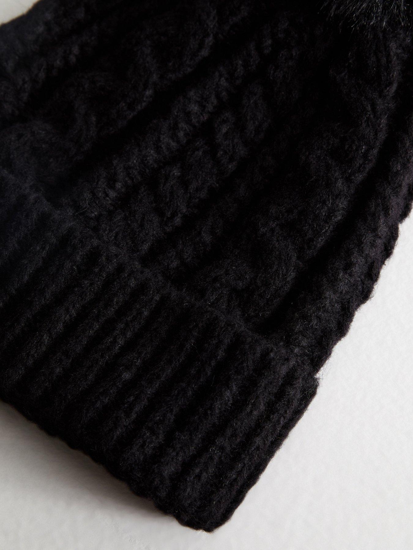  image of new-look-black-cable-knit-faux-fur-pom-pom-bobble-hat